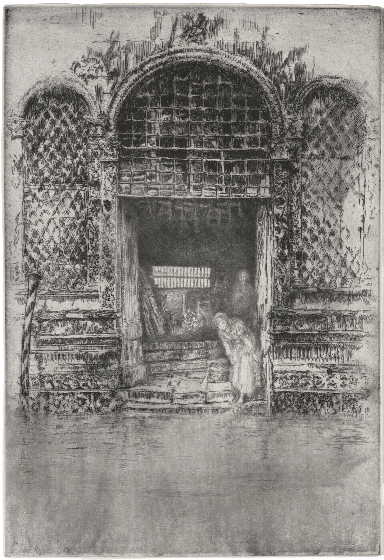 Etching by James Abbott McNeill Whistler depicting a doorway with shadows and light