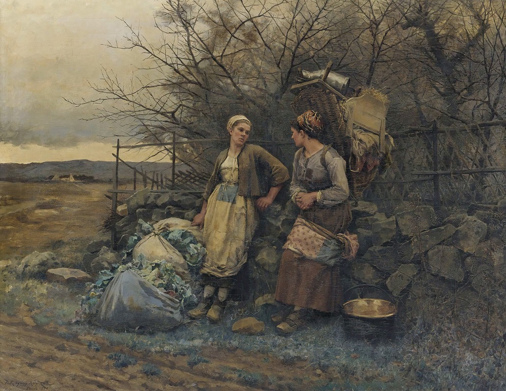A depiction of maidens waiting in a serene setting.
