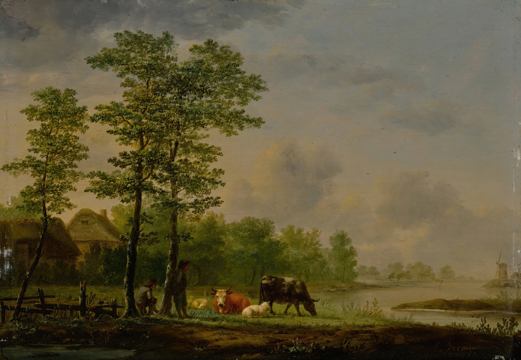 Landscape with farmers, cattle and sheep beside a river by Andries Vermeulen, oil painting