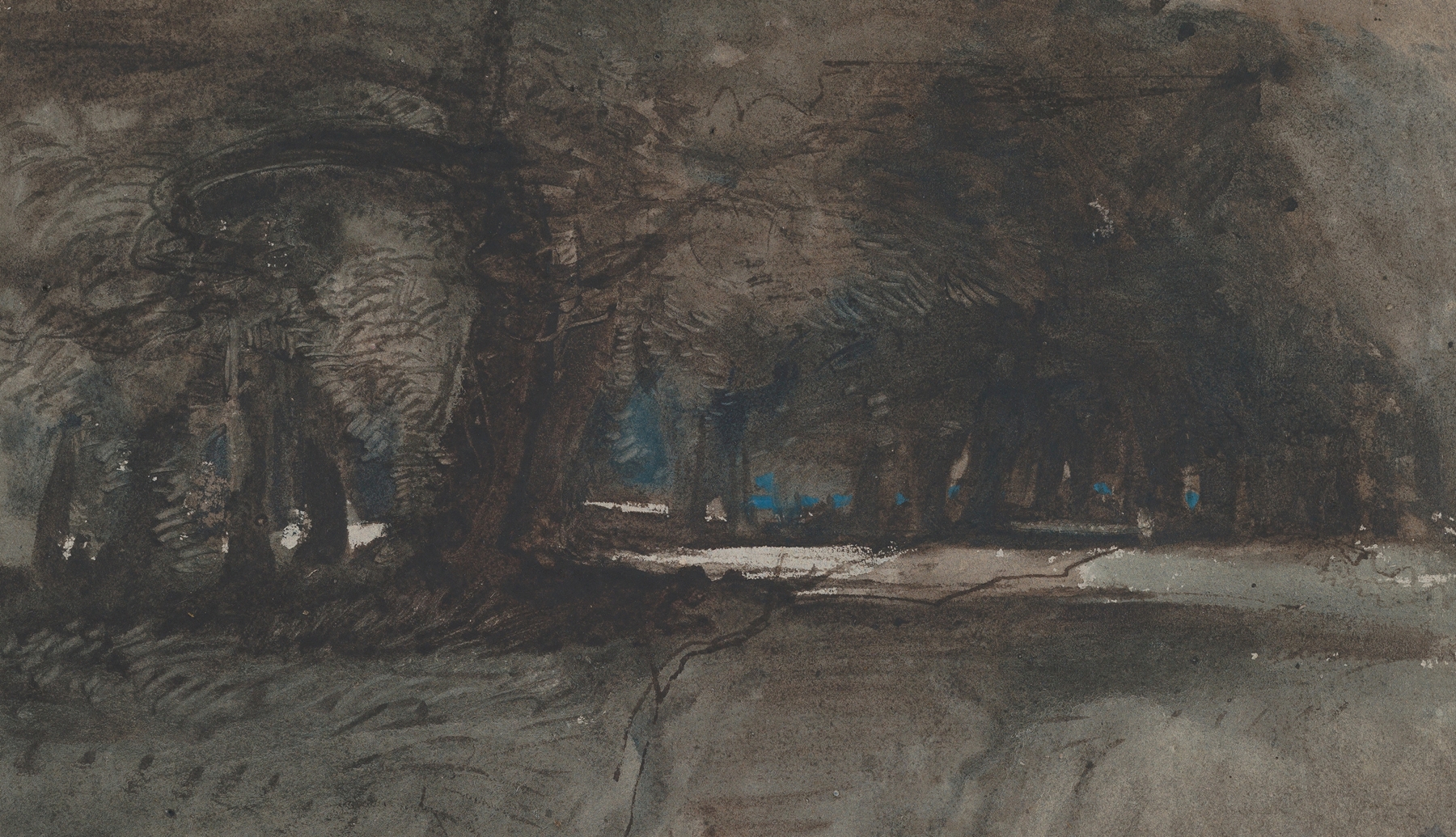 A Woodland Scene at Dusk, oil painting by William James Müller, depicting a twilight woodland with intricate shadows.