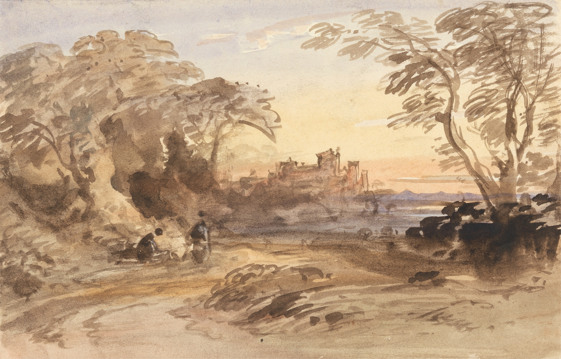 Landscape with Figures and Distant Castle, watercolor on paper by John Varley