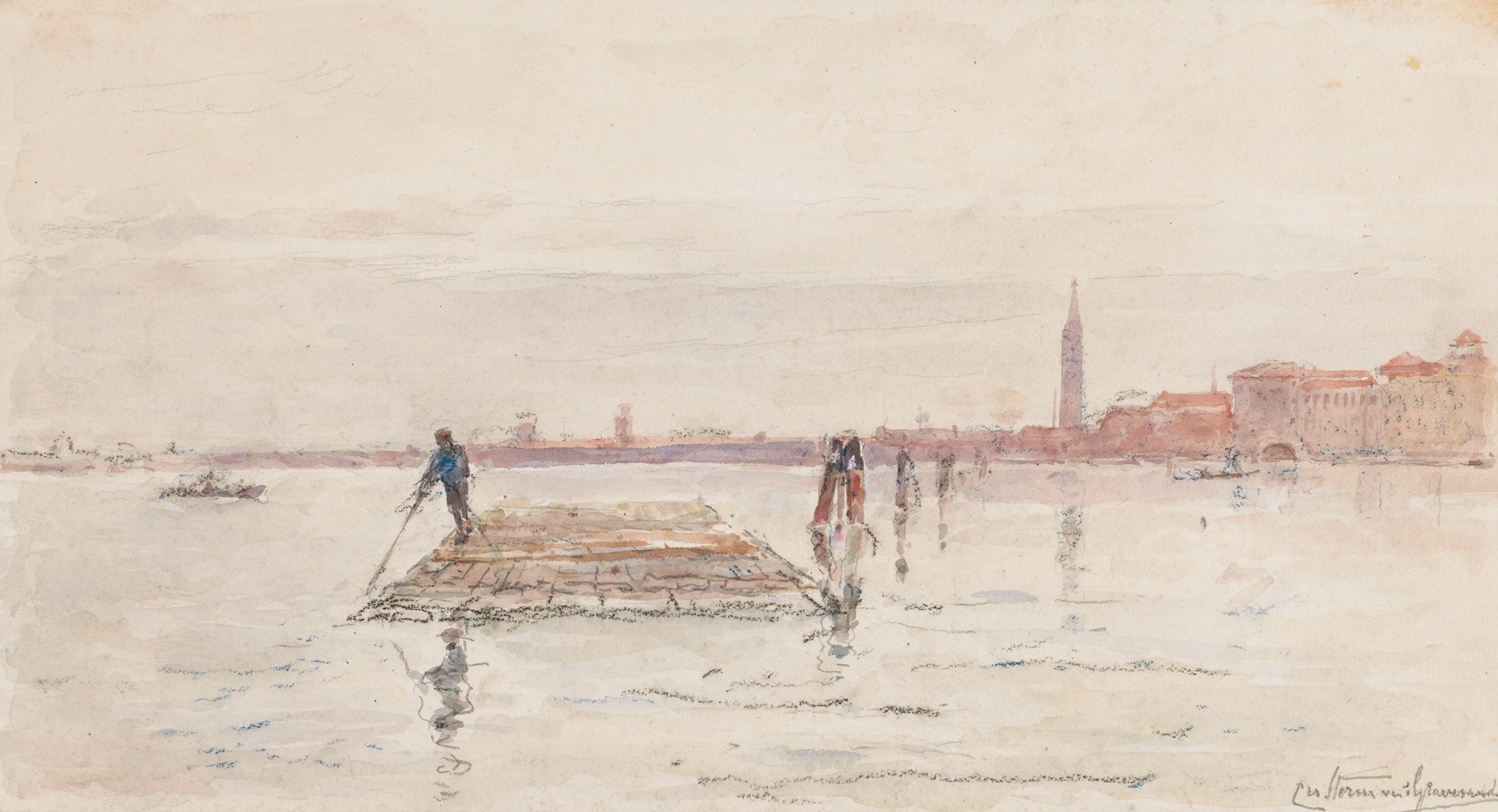oil painting of Venice with a wooden raft in the water by Carel Nicolaas Storm van 's-Gravesande