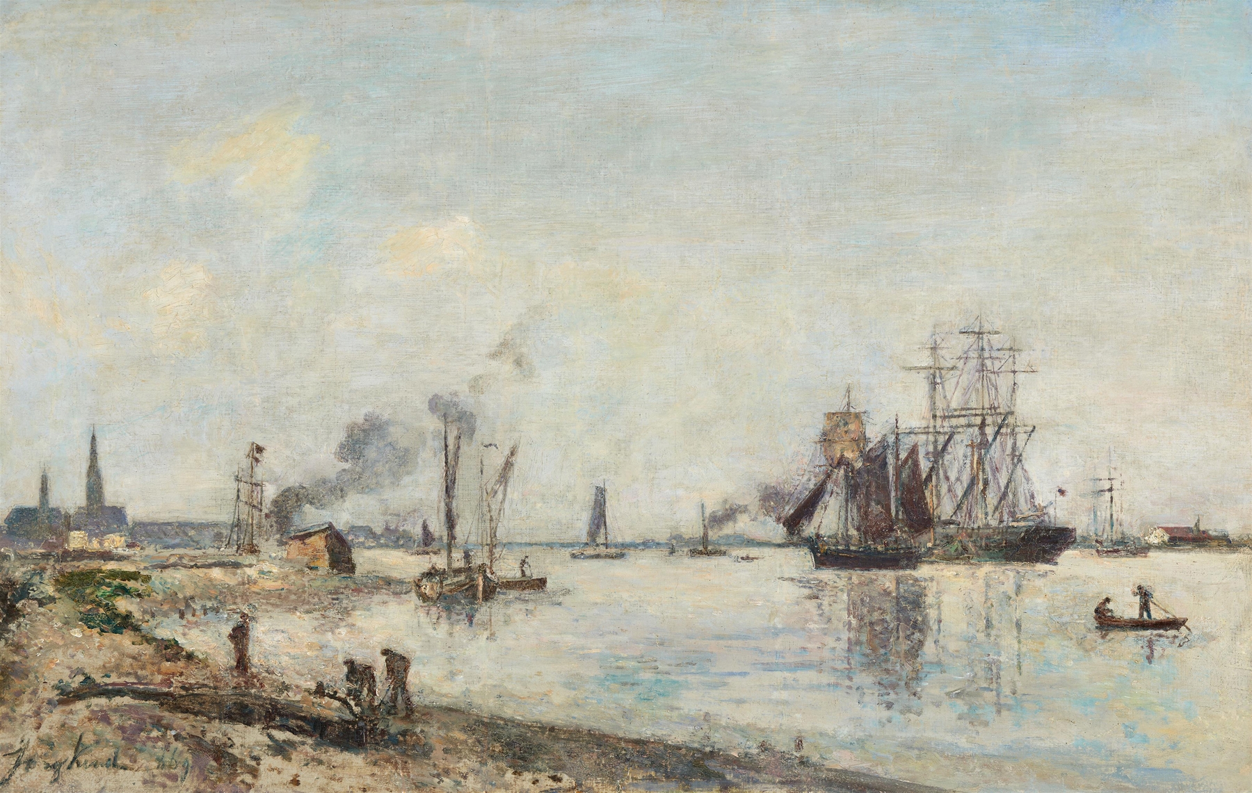 Die Hafeneinfahrt von Antwerpen, oil painting by Johan Barthold Jongkind, depicting a harbor scene.