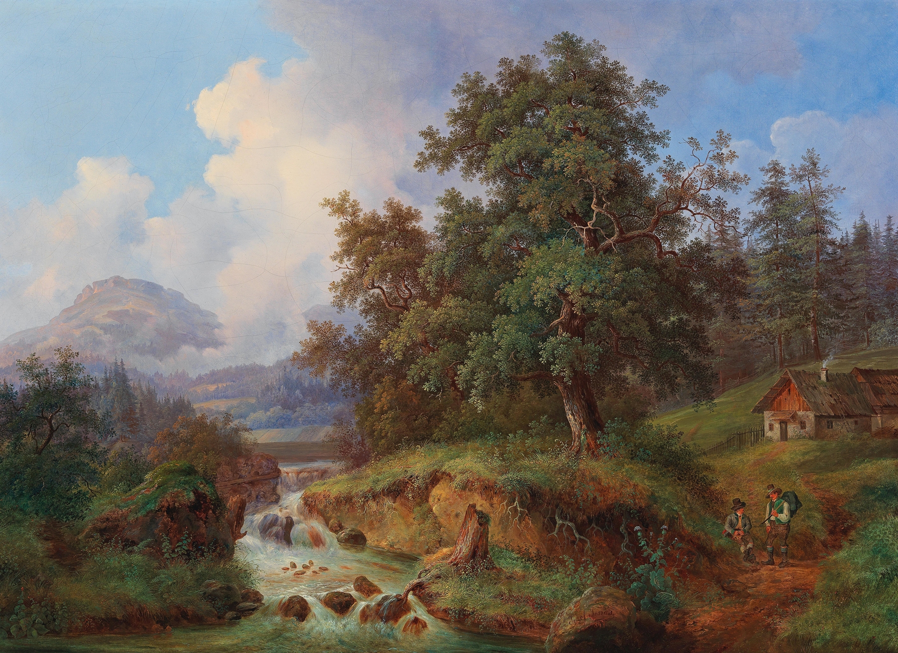 Landscape featuring hikers on a path in a mountainous setting, oil painting by Joseph Jonas