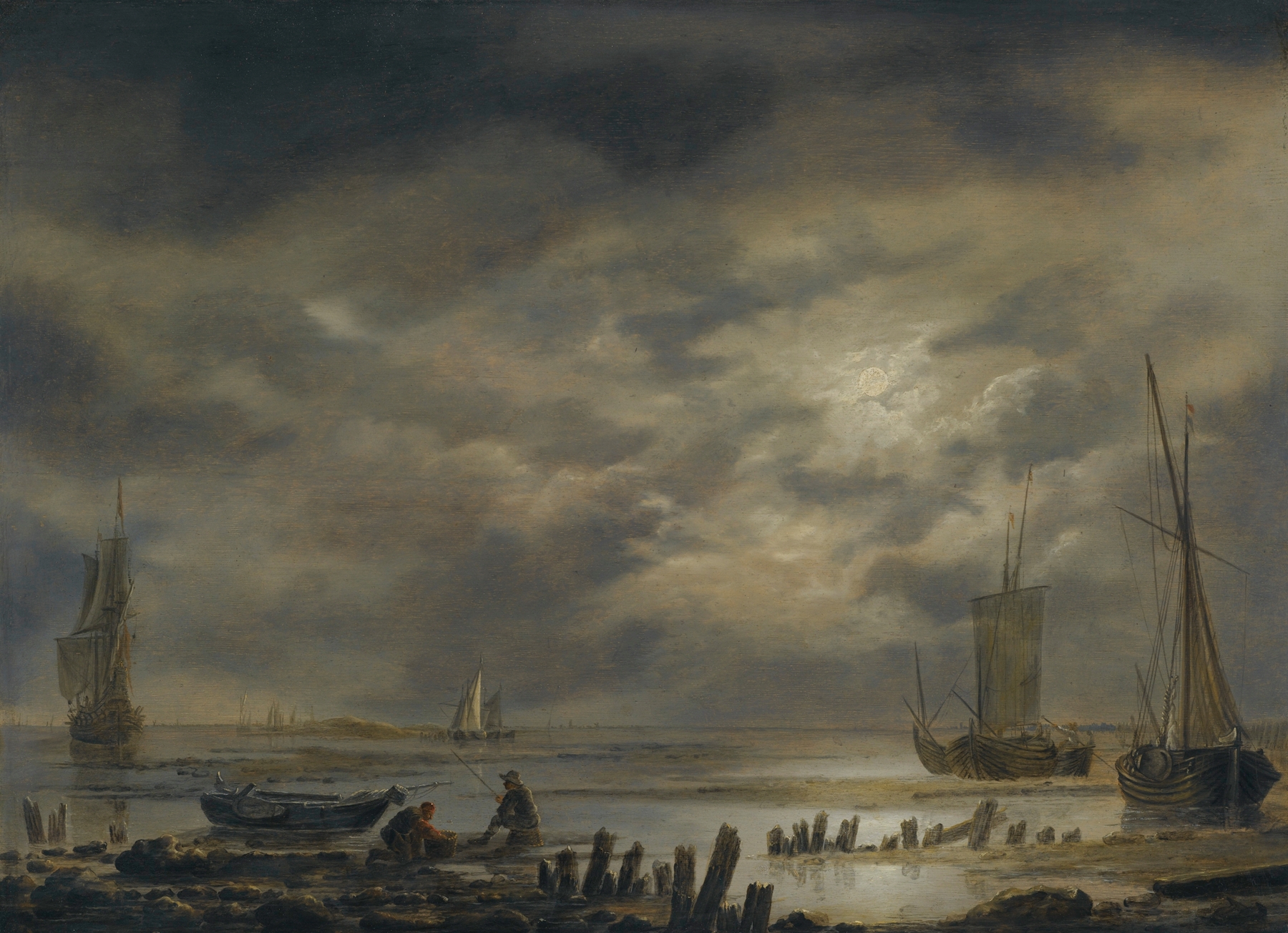 A moonlit coastal landscape with fishermen, oil on canvas by Hendrick Jacobsz. Dubbels