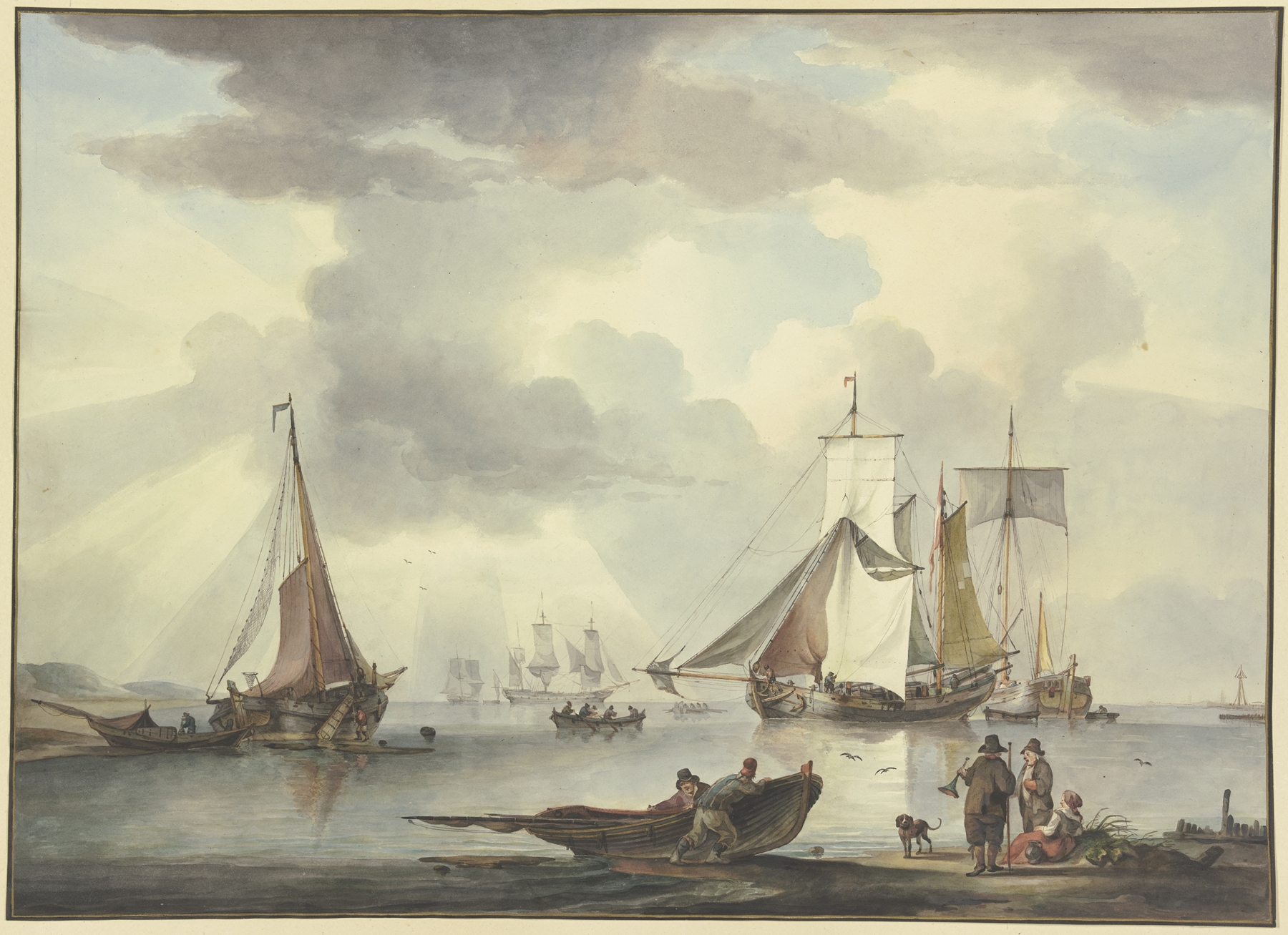 Oil on canvas by Leendert de Koningh depicting ships and figures by the shore