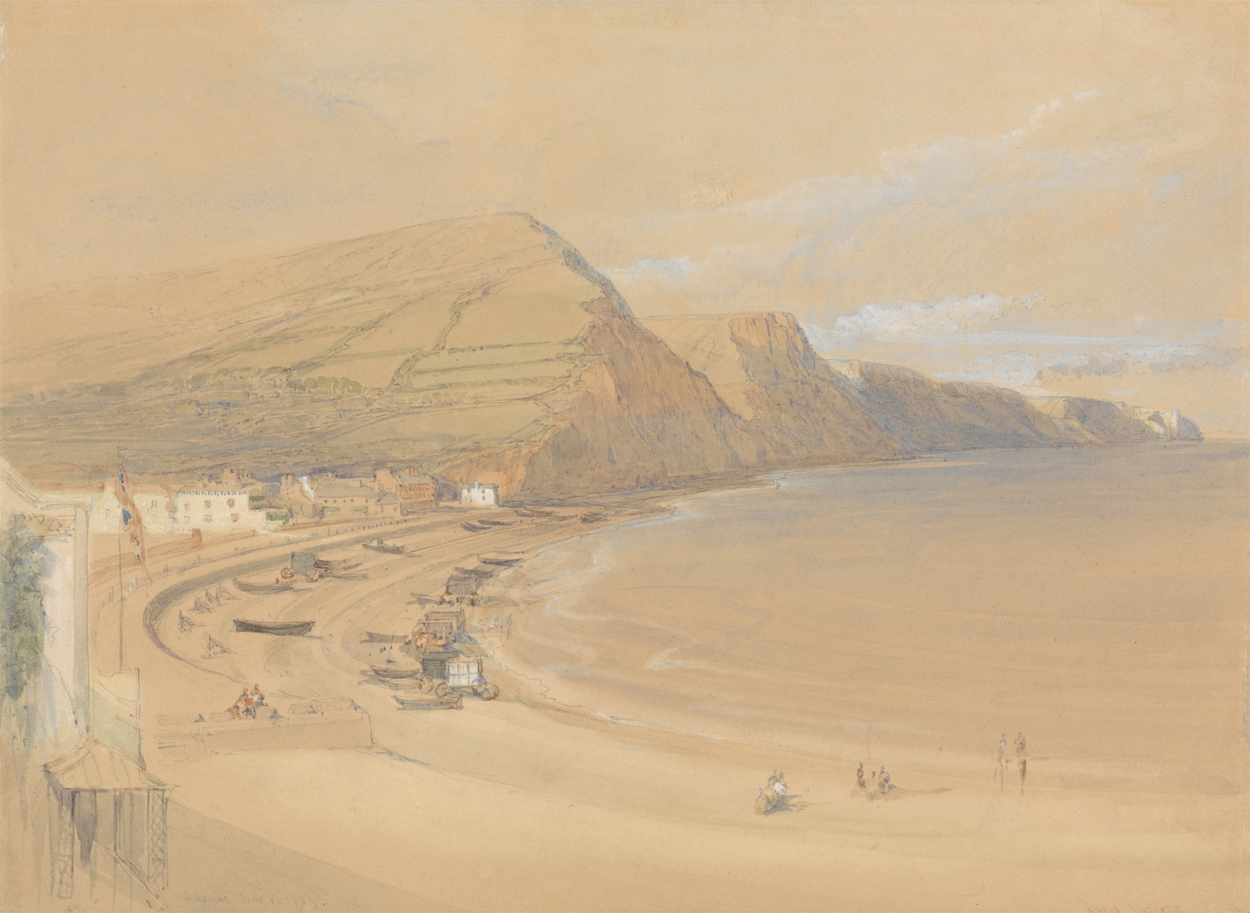 Sidmouth by David Roberts, oil on canvas, depicting hills, shoreline, and warm golden light