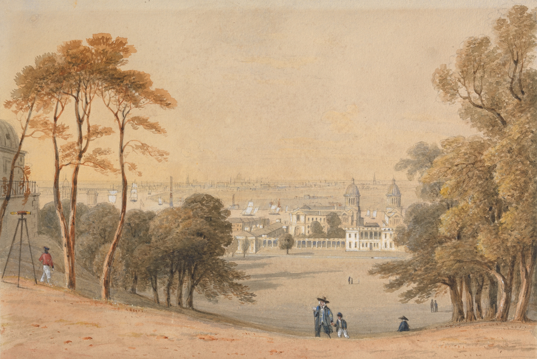 Greenwich, London in the Distance, oil on canvas by F. Norice, featuring a serene twilight landscape.