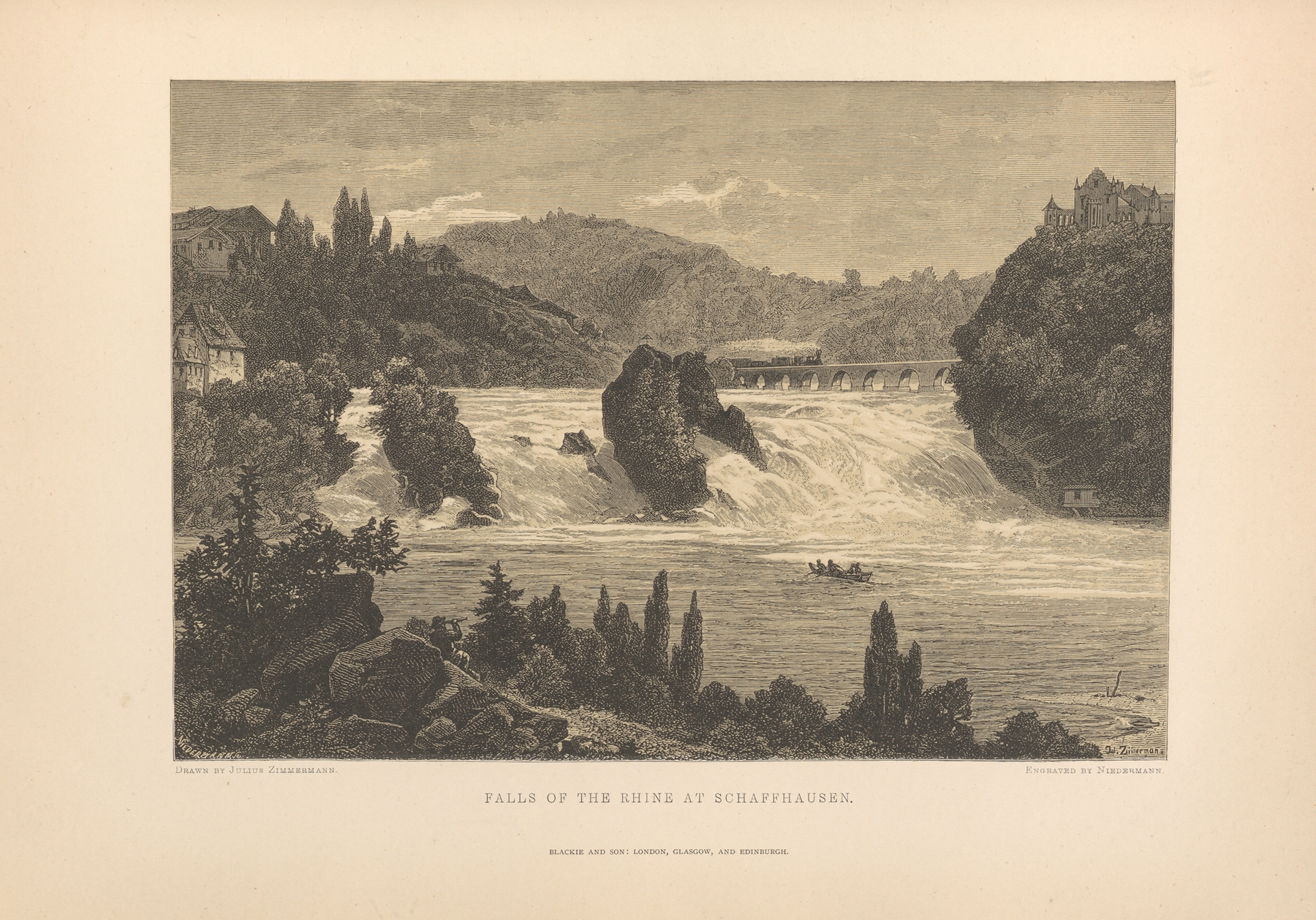 Julius‎ ‎Zimmermann – Falls‎ ‎of‎ ‎the‎ ‎Rhine‎ ‎at‎ ‎Schaffhausen, by Theodor Gsell Fels, public domain