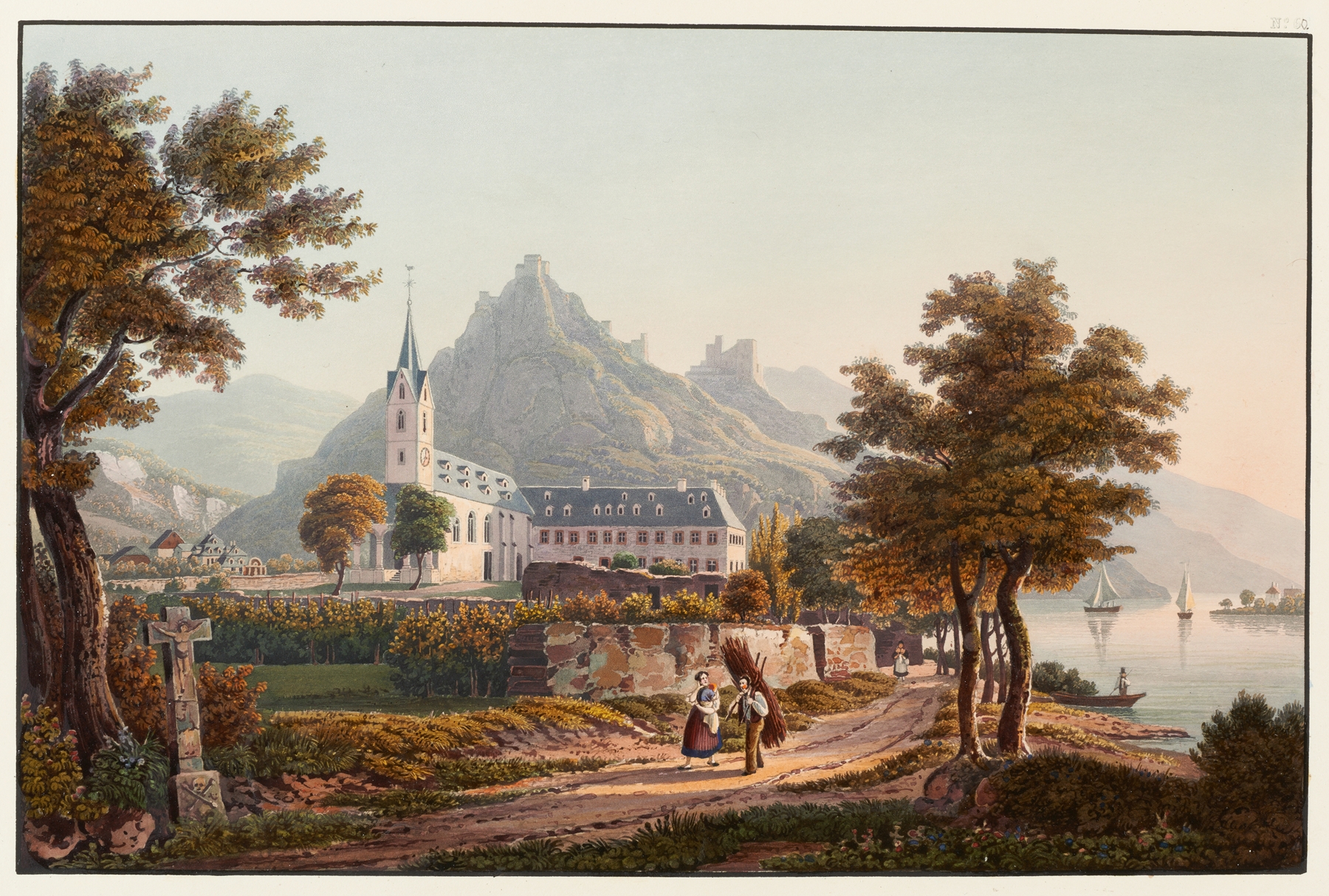 Landscape oil painting by Johann Ludwig Bleuler featuring ruins and hills.