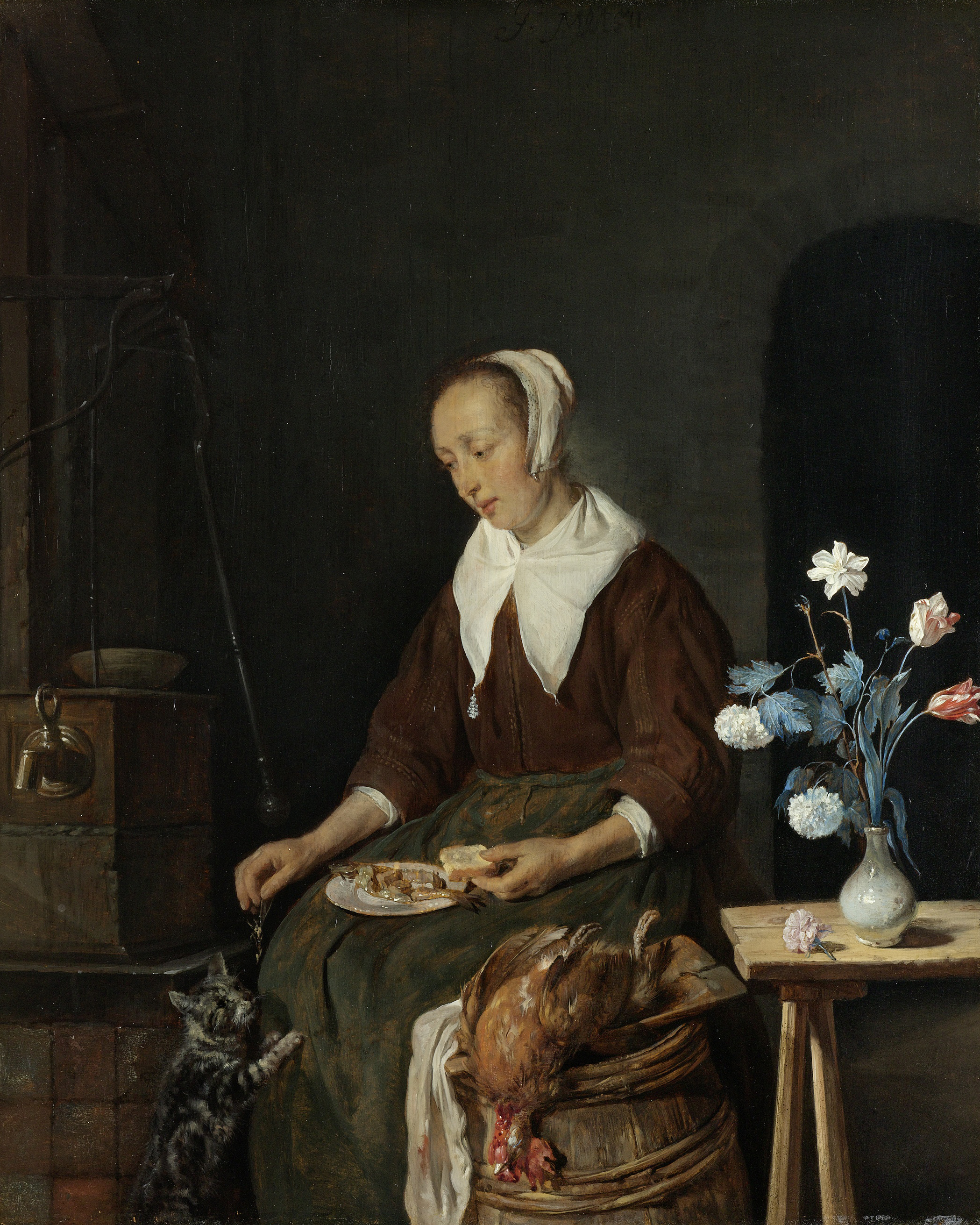 Woman Eating, Known as ‘The Cat’s Breakfast’, by Gabriël Metsu, public domain