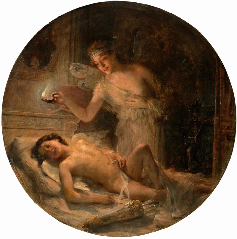 A depiction of Psyche discovering Cupid in a lush, romantic setting.