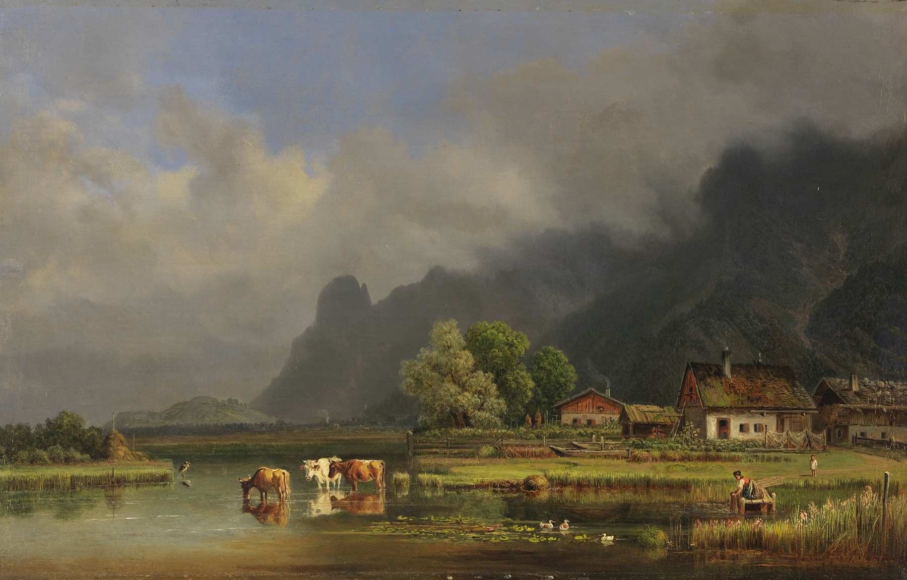 Lakeside landscape with houses by Heinrich Bürkel, oil painting