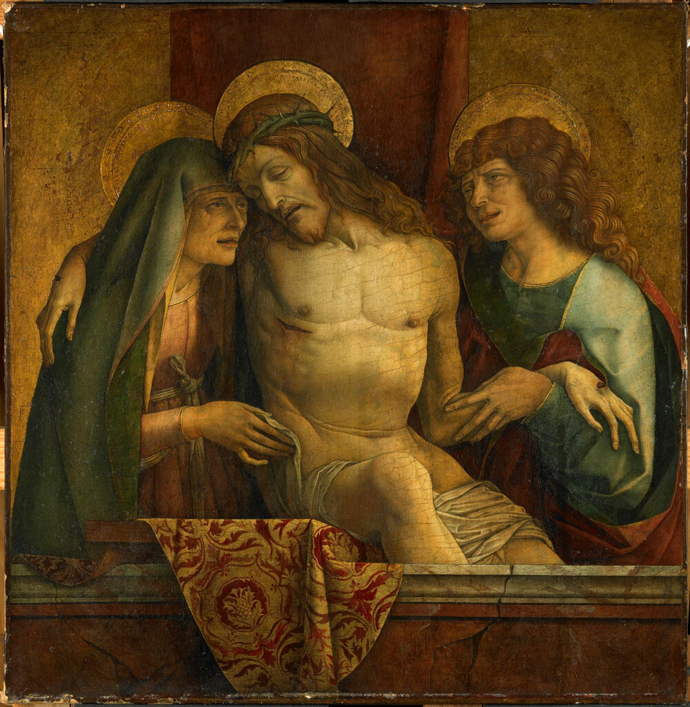 The Dead Christ between the Virgin and Saint John the Evangelist, tempera on panel by Carlo Crivelli