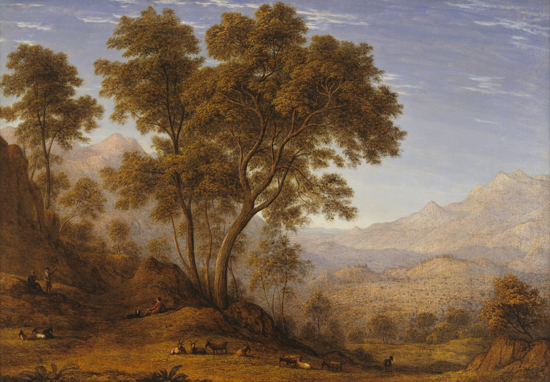 Oil painting by John Glover depicting a lush alpine landscape with valleys and mountains.