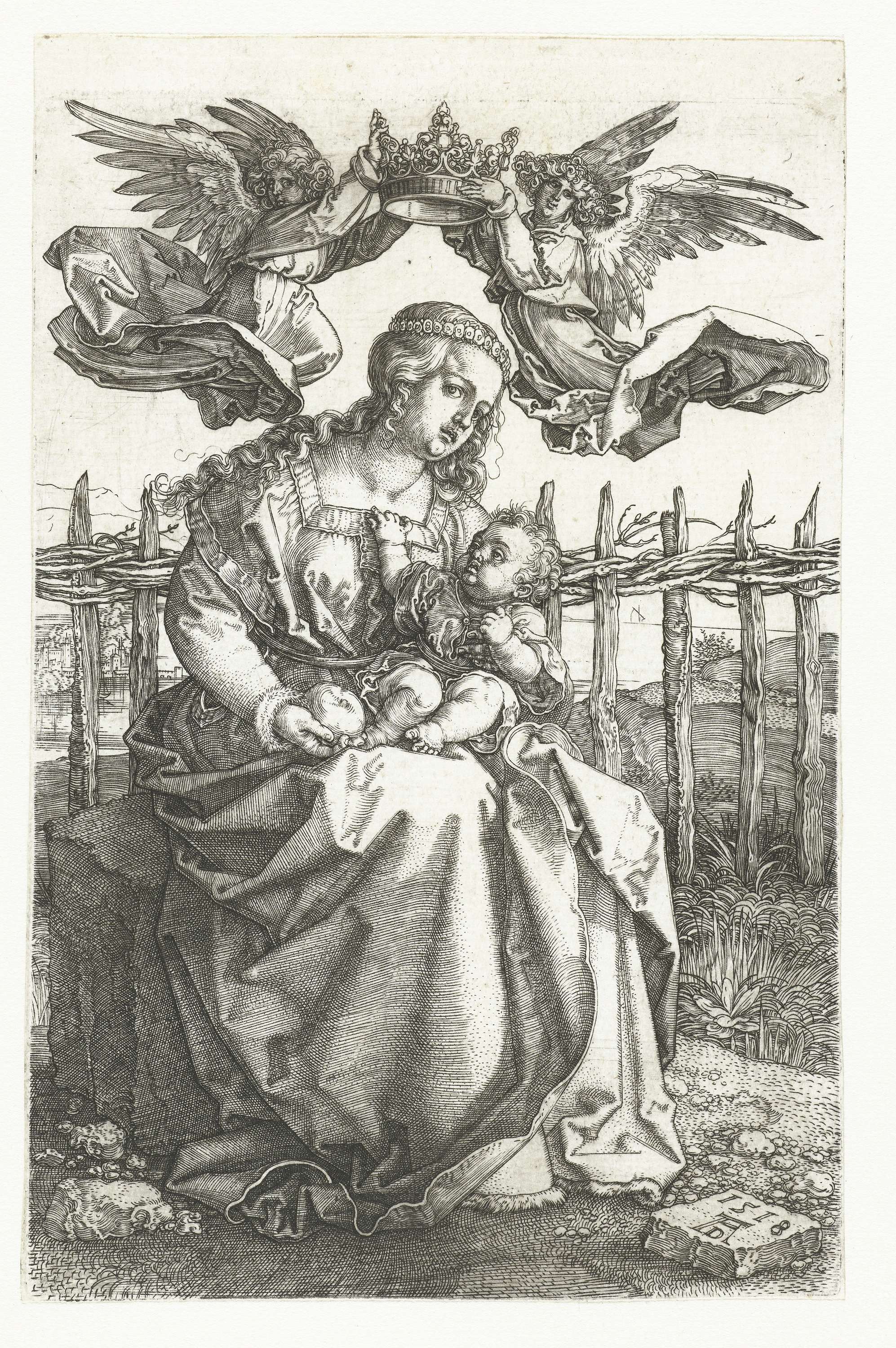 Engraving by Albrecht Dürer depicting Mary crowned by two angels