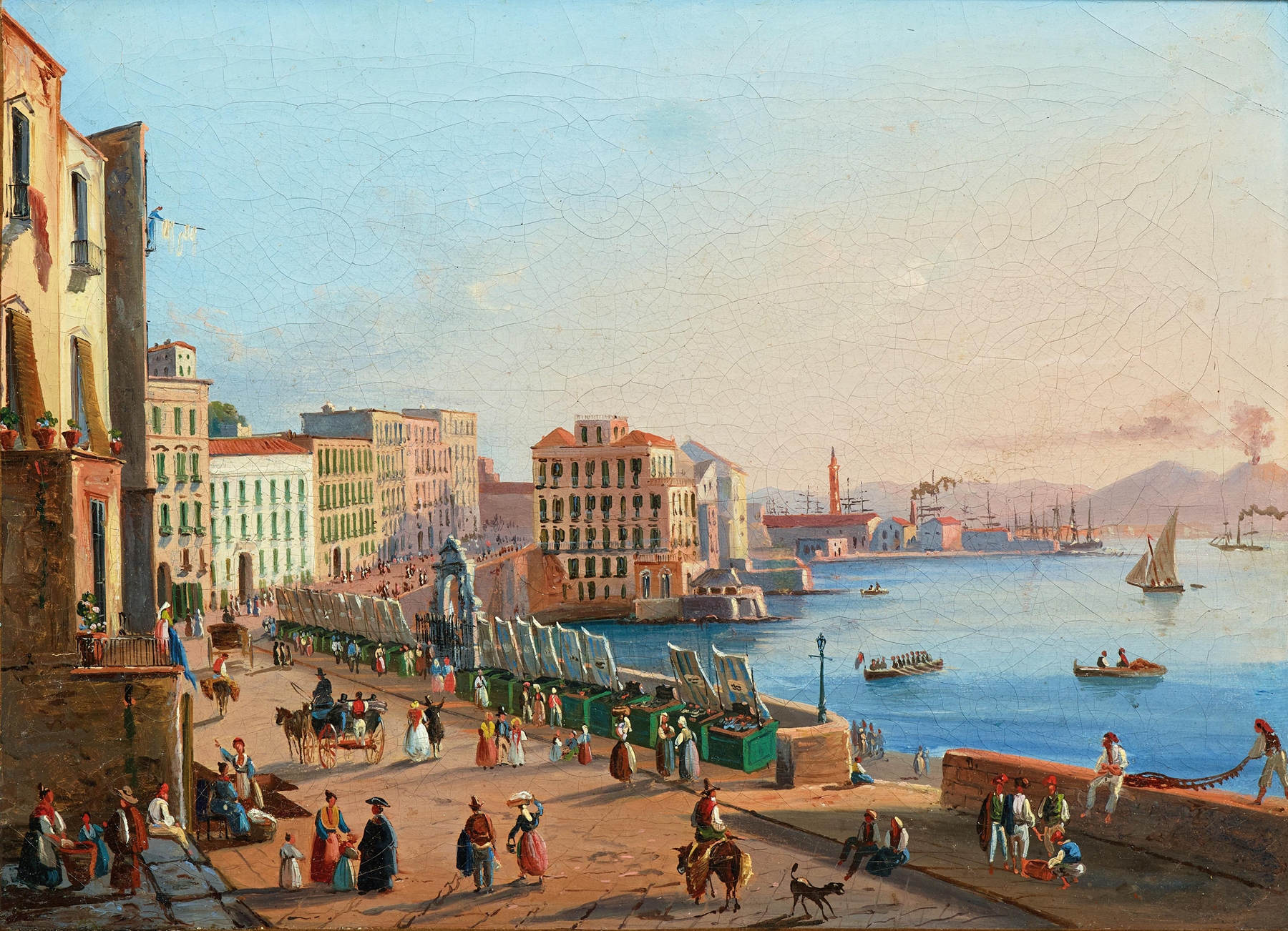 A View of Naples from Santa Lucia, oil on canvas by Salvatore Candido depicting a lively harbor scene.
