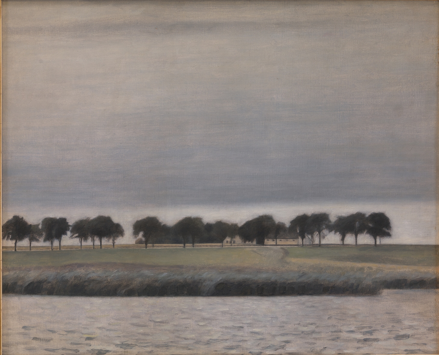 Oil painting by Vilhelm Hammershøi depicting a hazy landscape with water reflections.