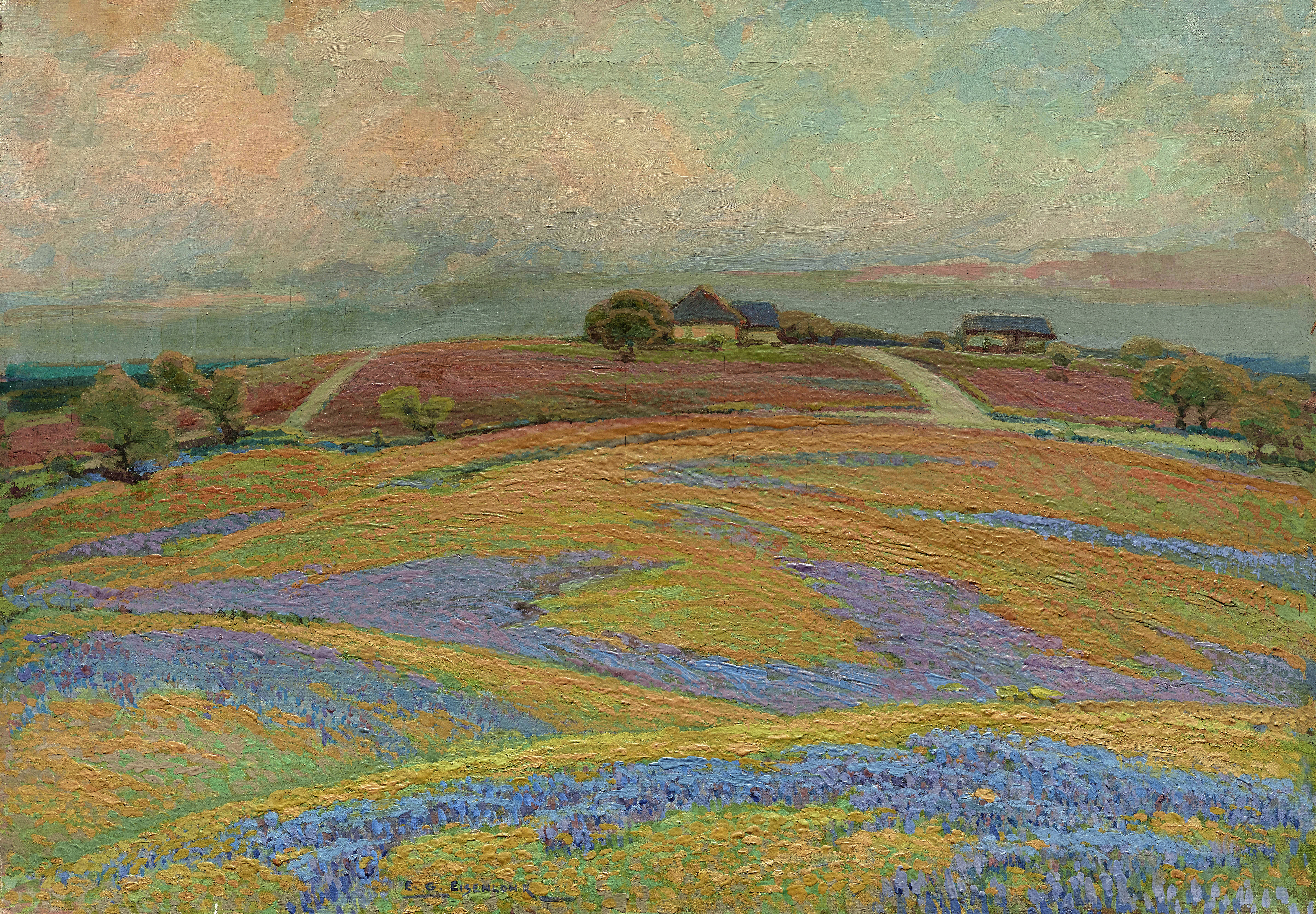 Spring Fields at Grand Prairie by Edward G. Eisenlohr, impressionism, depicting vibrant green fields.