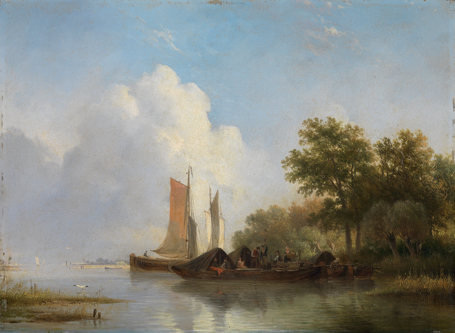 Landscape with boats on a river, oil painting by Hendrikus van de Sande Bakhuyzen