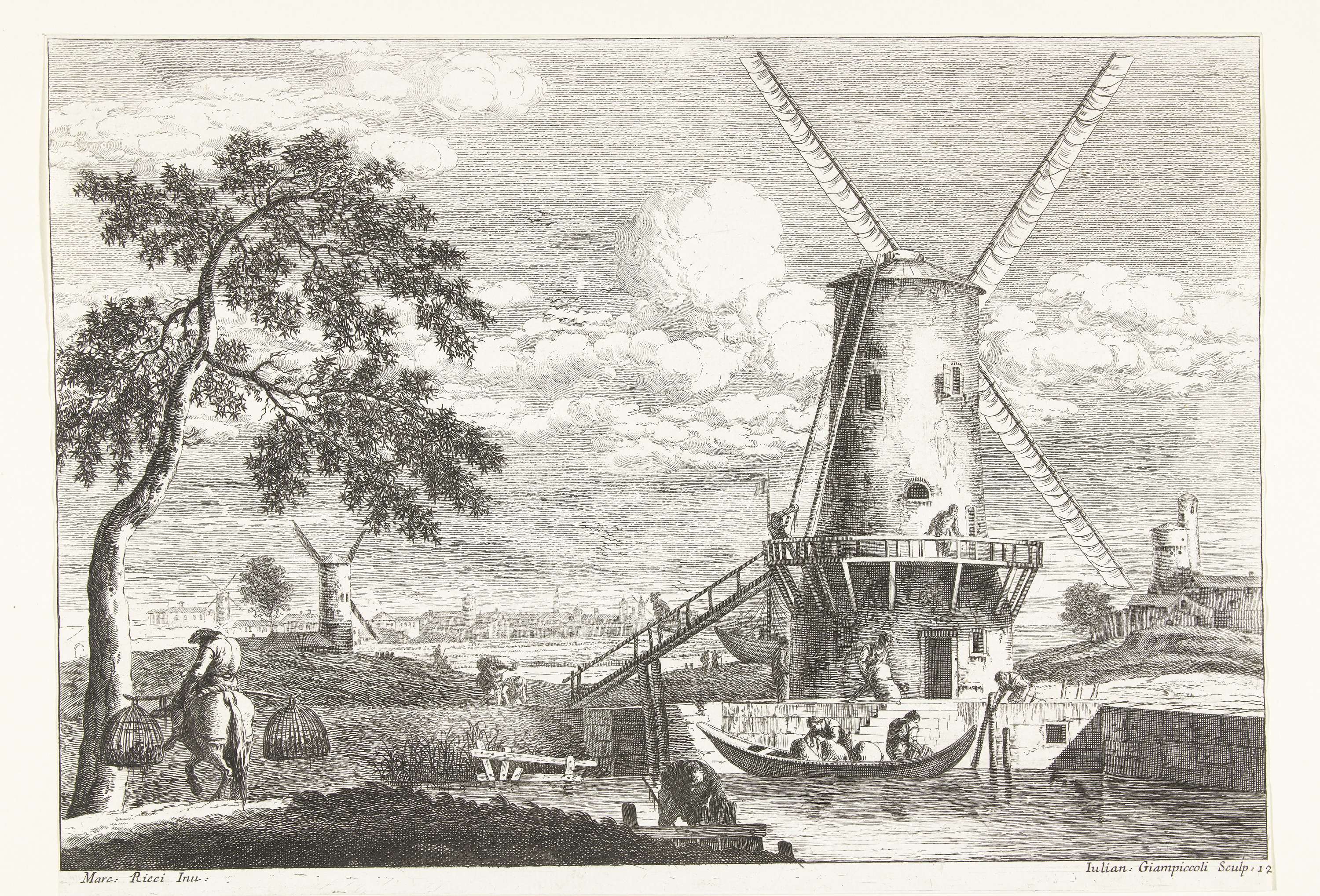 Landscape with a windmill and water by Giuliano Giampiccoli, etching
