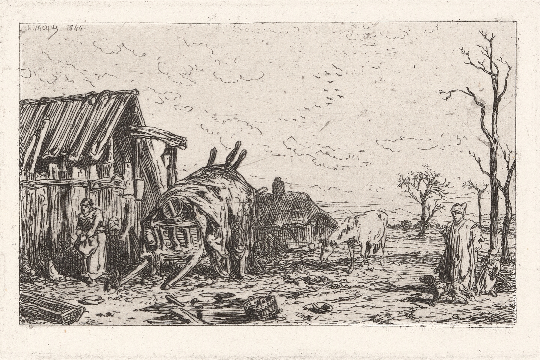 Rural landscape with barn, cart, and two farmers, oil painting by Charles Emile Jacque