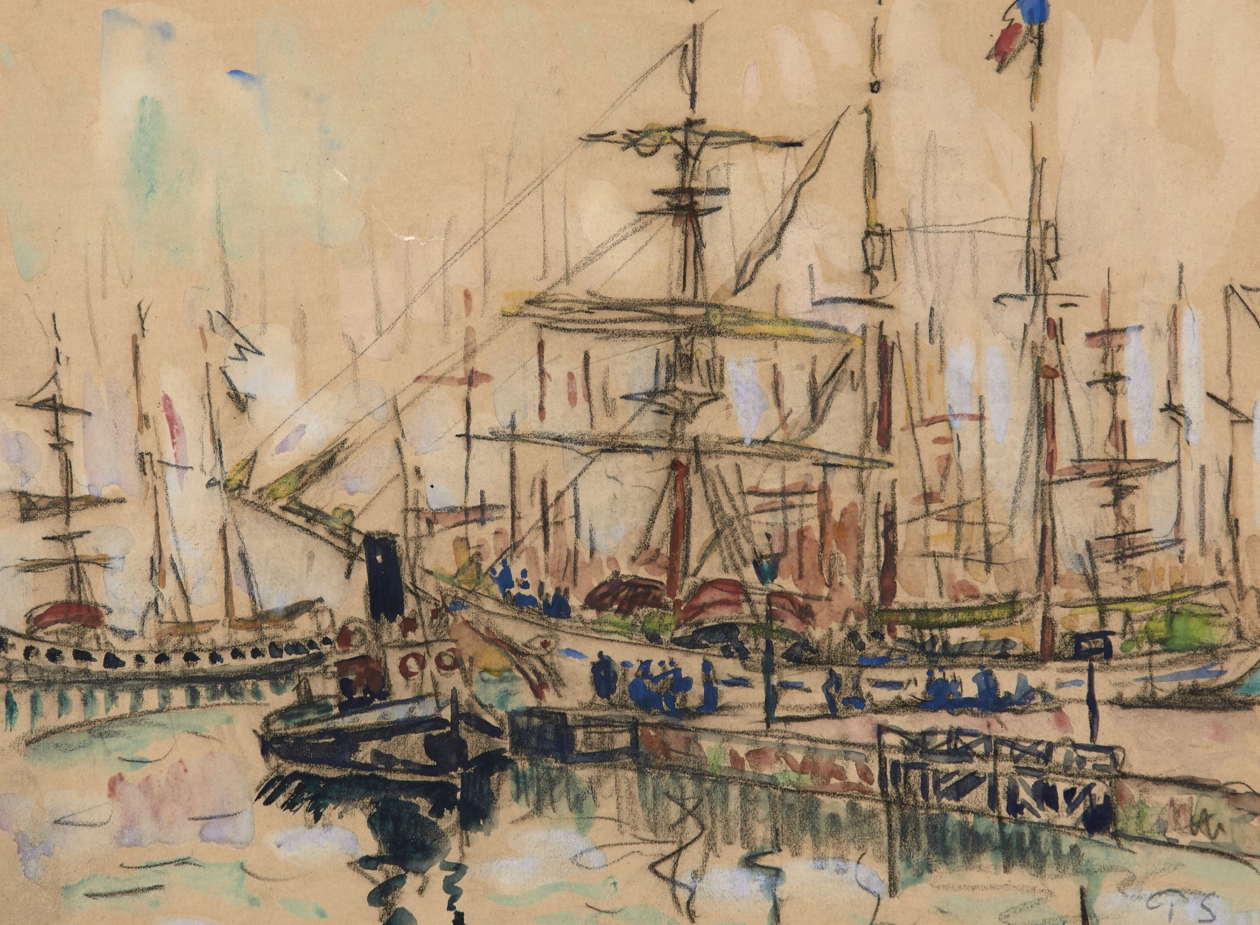 Marine scene with fishing boats on shimmering water, oil painting by Paul Signac