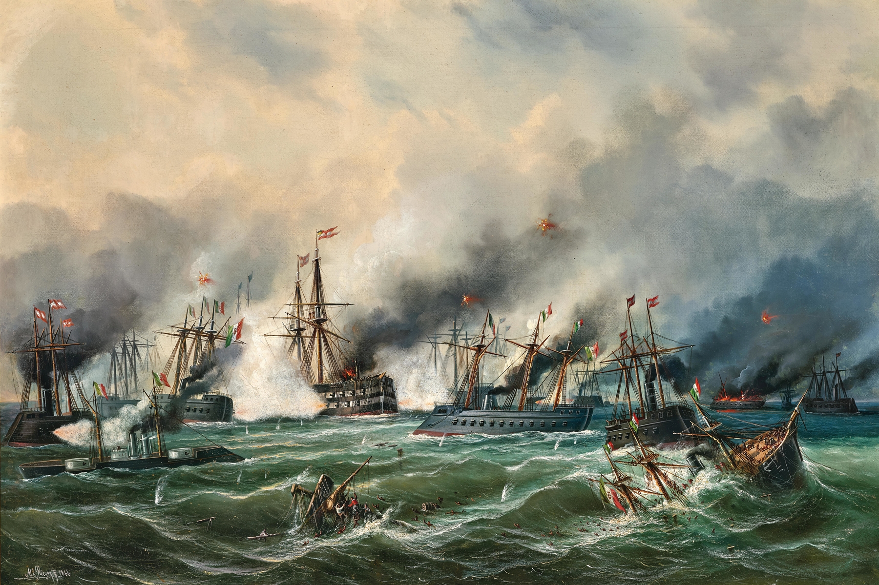 The Naval Battle of Lissa, oil on canvas by Albert Rieger, depicting a naval conflict.