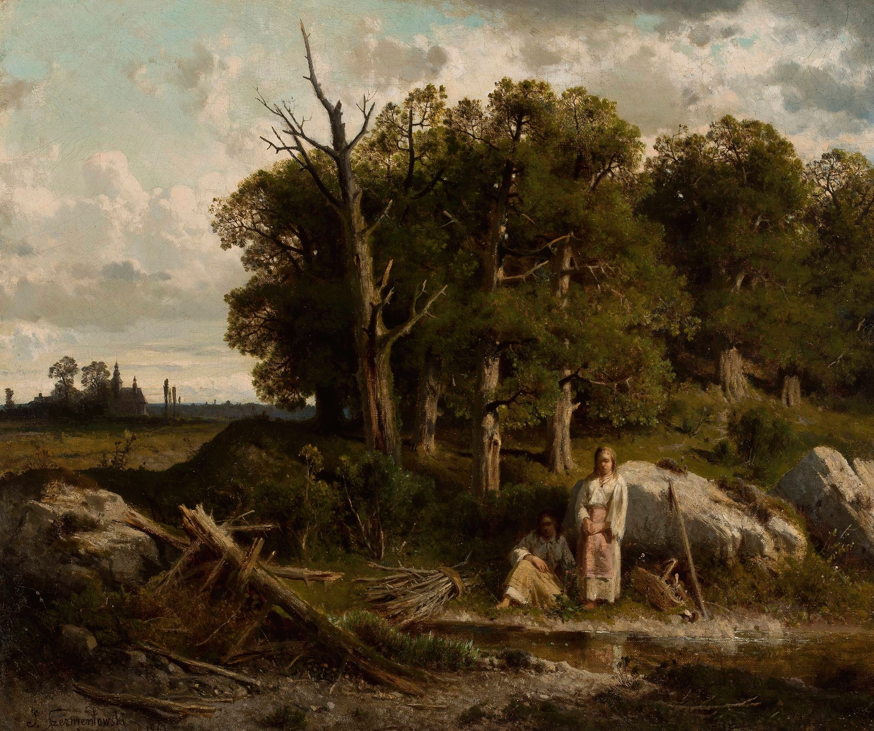 Oak Forest by Józef Szermentowski, depicting a serene landscape with trees and dappled sunlight, oil painting