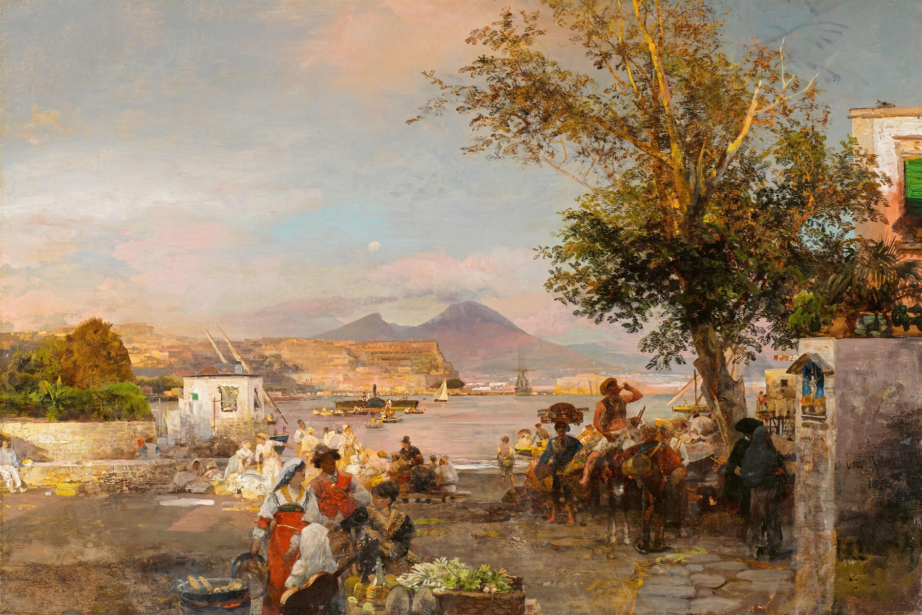 Ländliches Fest am Ufer der Bucht von Neapel, by Oswald Achenbach, public domain