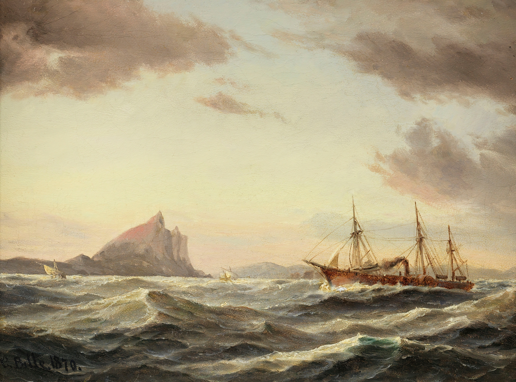 Marine scene with a ship near Gibraltar, oil painting by Carl Bille