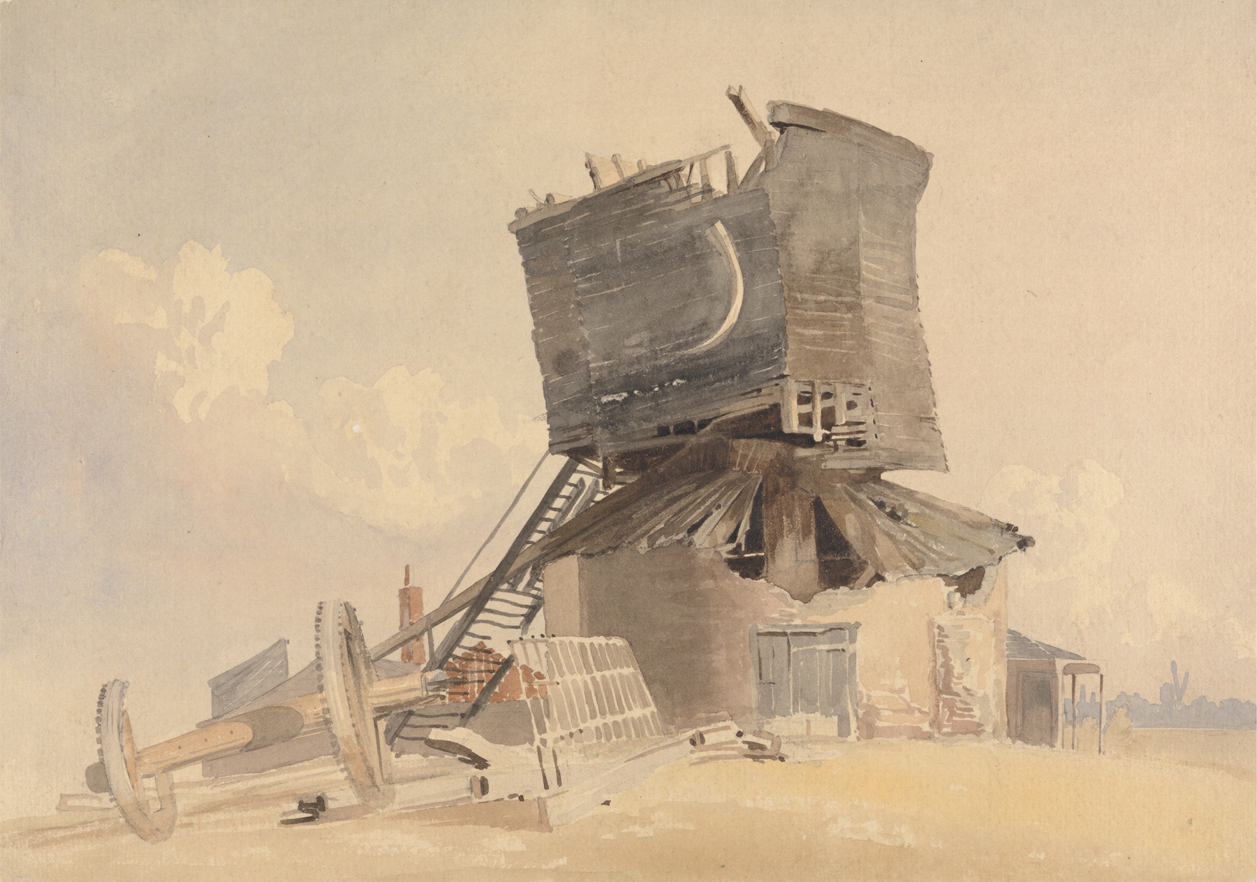 A storm-damaged windmill in oil on canvas by John Middleton