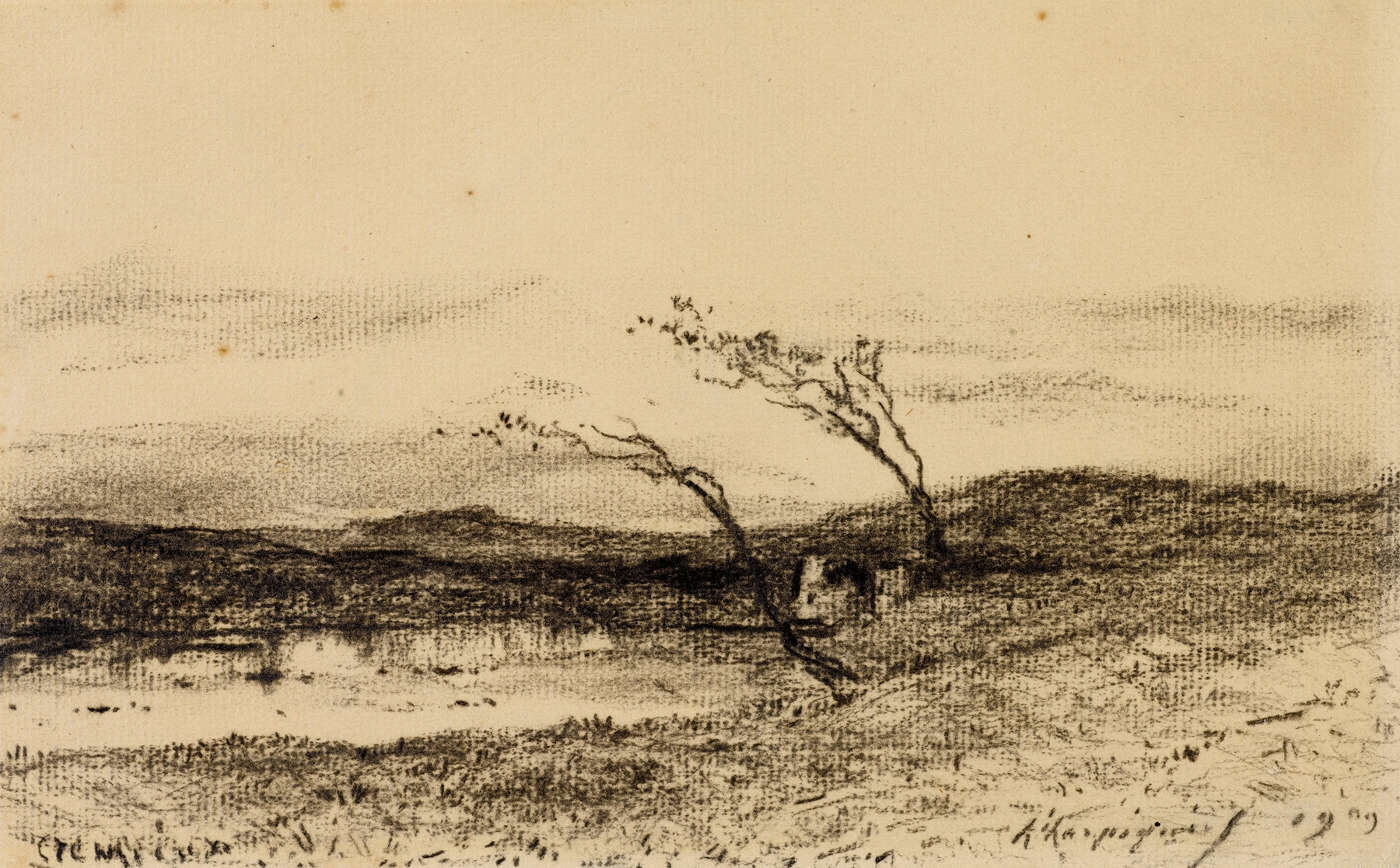 Une mare by Henri-Joseph Harpignies, oil painting depicting a serene pond and trees.