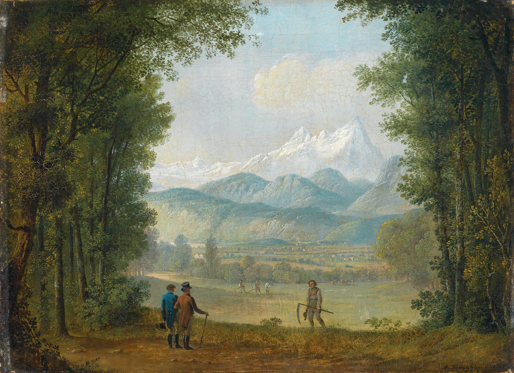 Wanderer vor weiter Landschaft, oil on canvas by August Piepenhagen, features a figure overlooking a vast landscape.