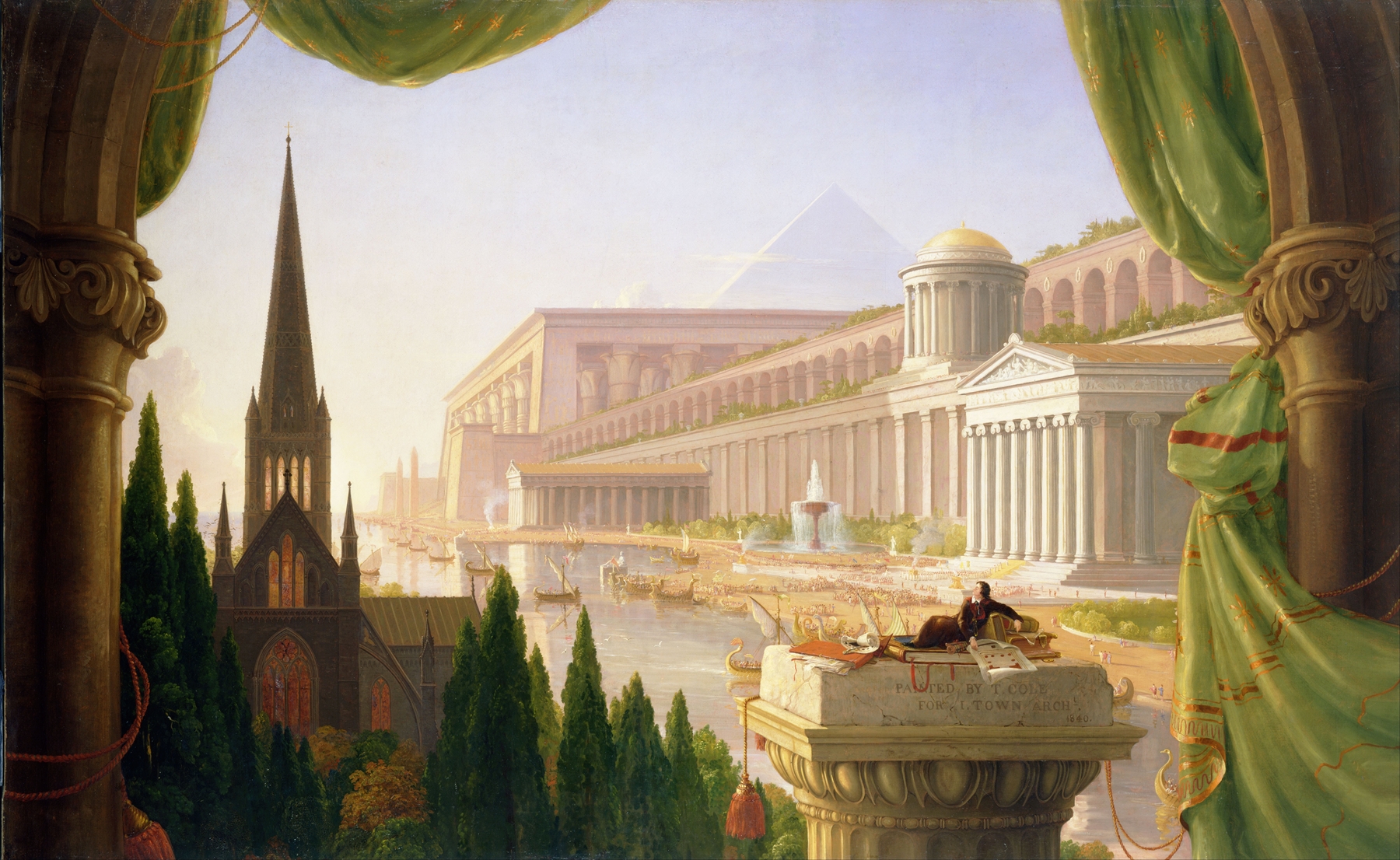 Architect’s Dream by Thomas Cole, oil painting of a figure in a landscape with towering architecture.