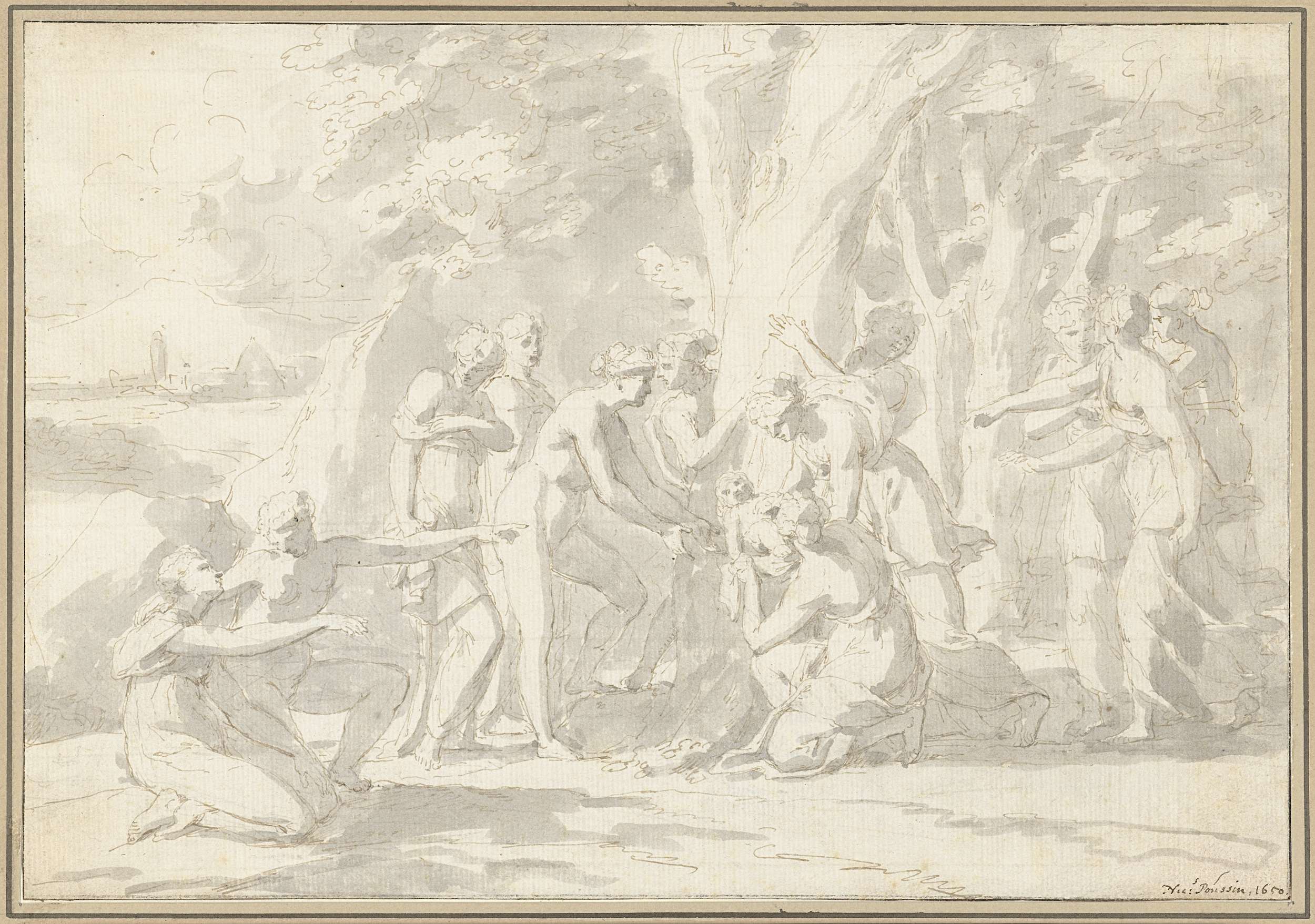 De geboorte van Adonis uit de in een boom veranderde Myrrha, by Nicolas Poussin, public domain
