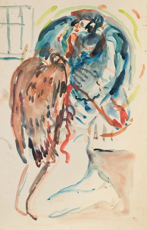 This painting features a kneeling female figure with an eagle, reflecting Edvard Munch's exploration of psychological themes.