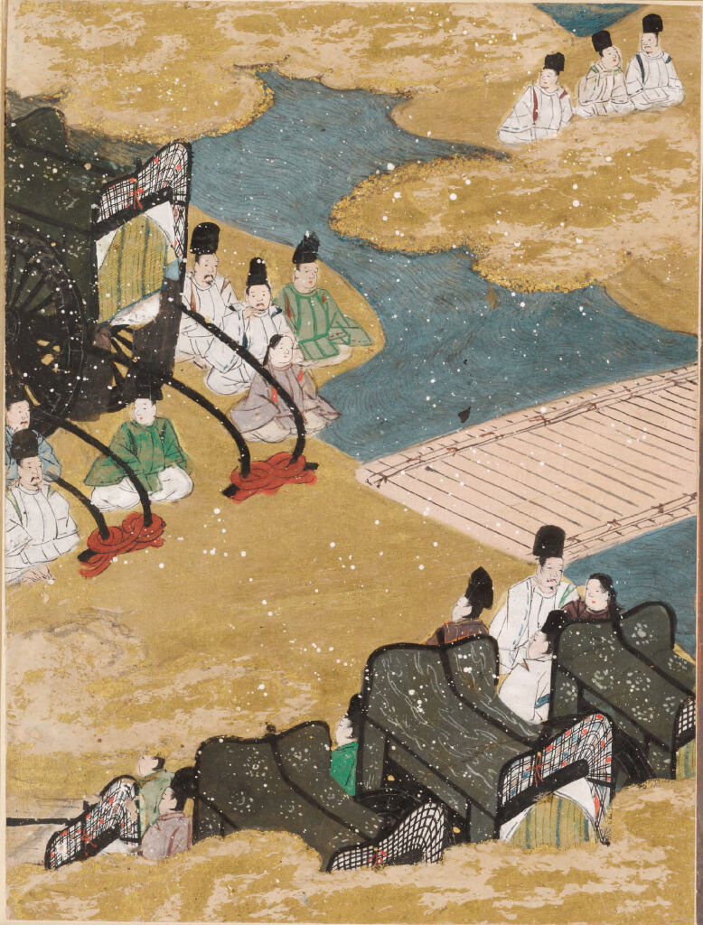 Genre scene depicting court life in gold by Tosa Mitsunobu, Muromachi period