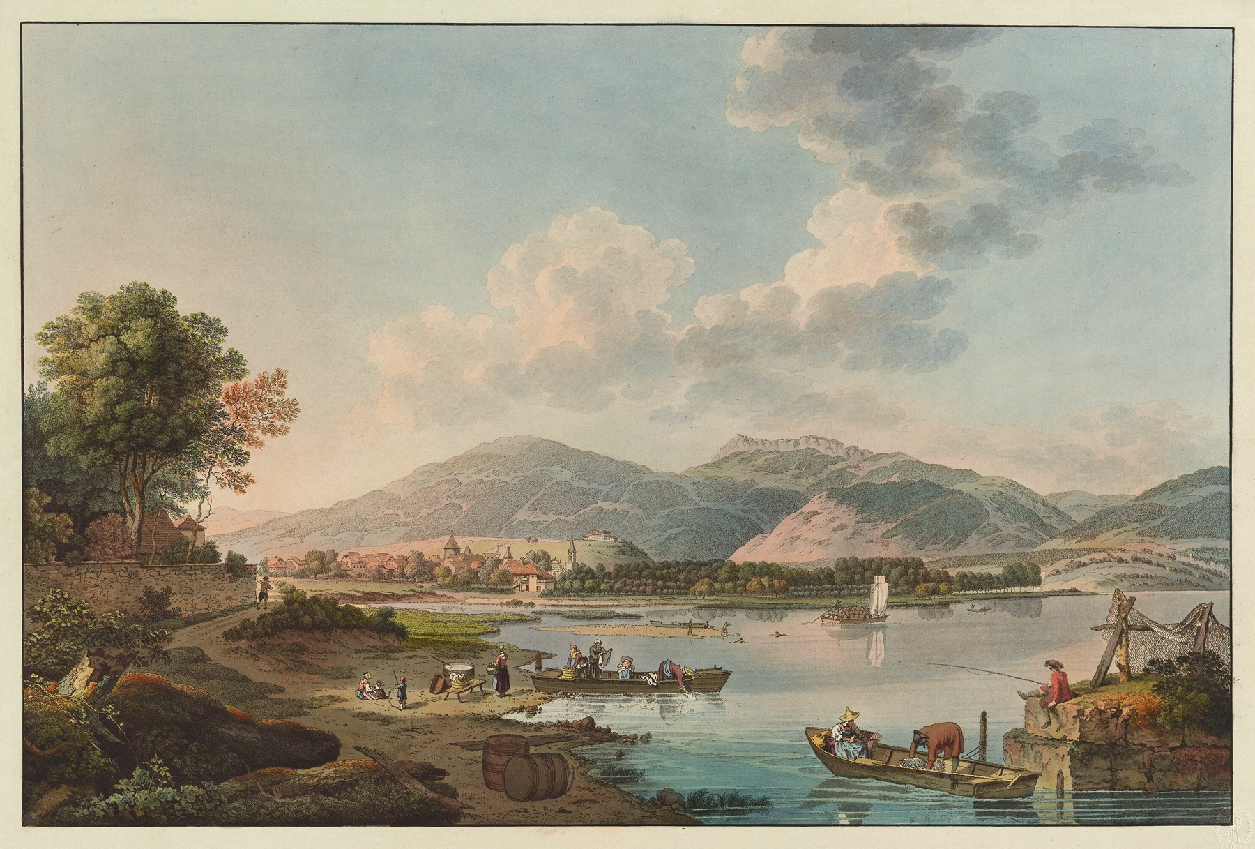 Engraving by Johann Ludwig Aberli depicting Yverdon village and lake.