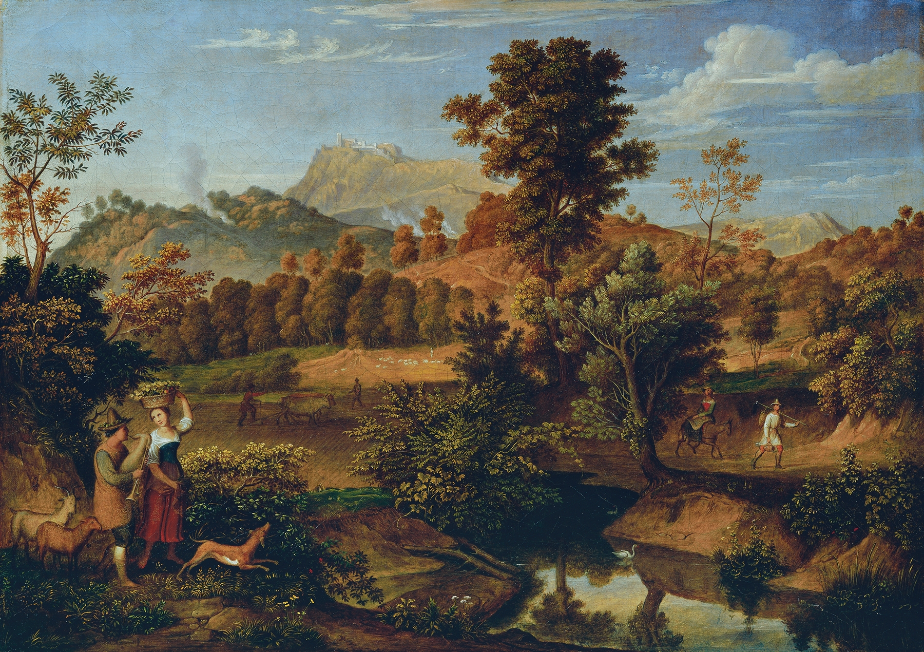 Italienische Landschaft mit pflügendem Landmann by Joseph Anton Koch, oil painting depicting a farmer in earthy fields