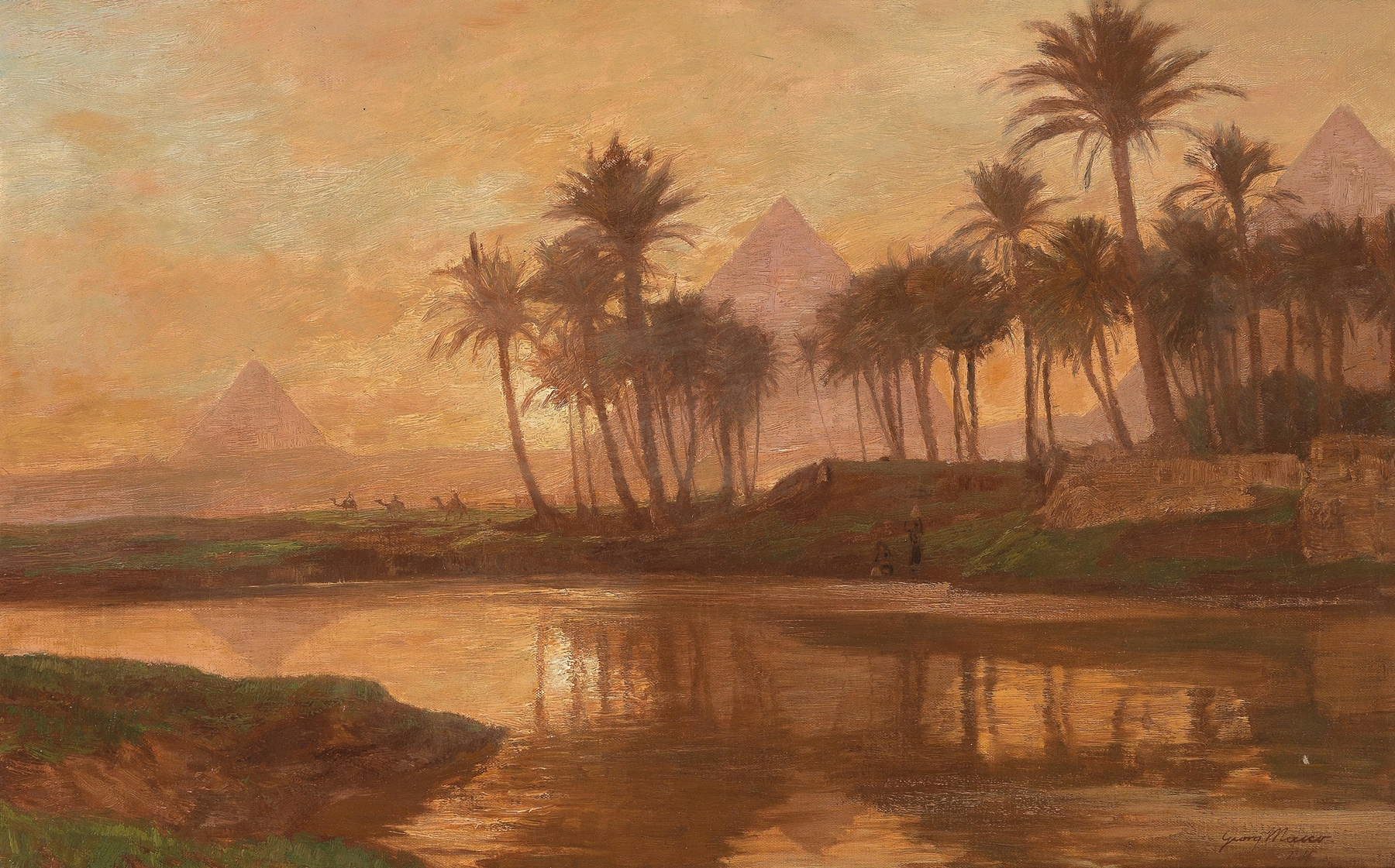 Twilight landscape with pyramids, oil on canvas by Georg Macco