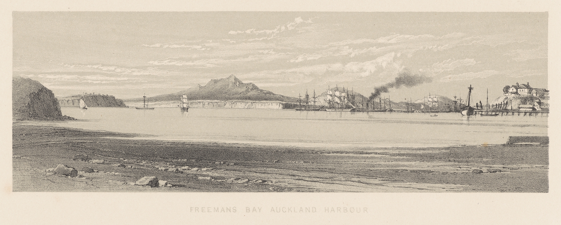 Engraving by Charles Decimus Barraud depicting Freeman’s Bay, Auckland Harbour.