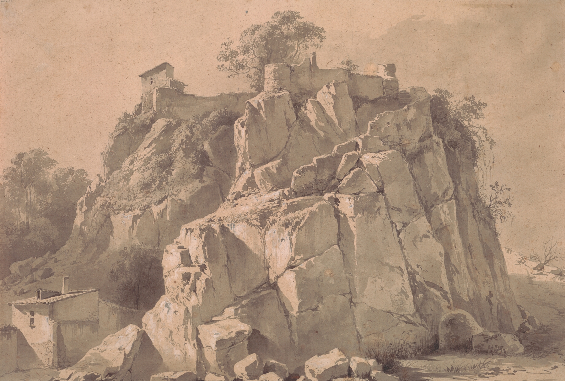 Engraving of a rocky outcrop at twilight by Jean-Jacques de Boissieu