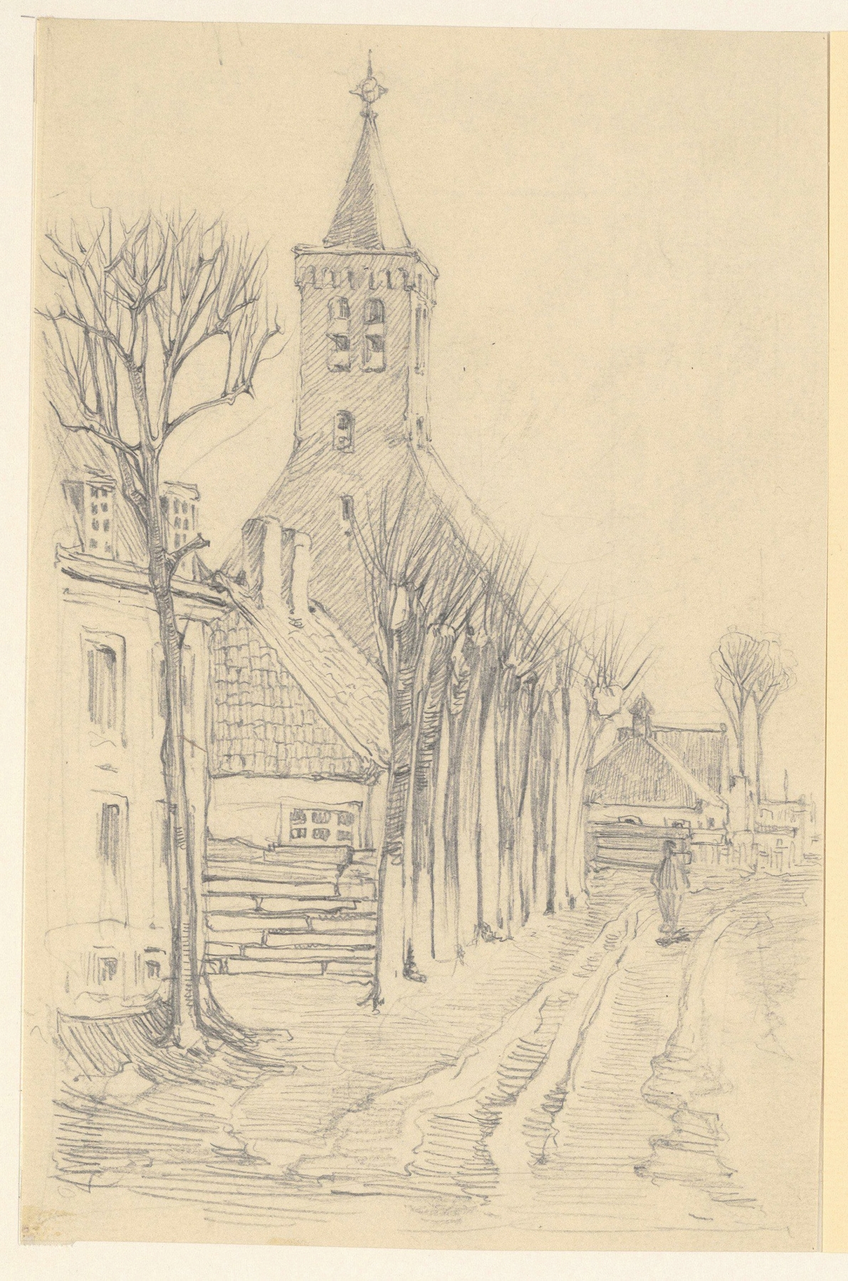 Kerk en omgeving by Jacobus Gerardus Veldheer, oil on canvas depicting a church and village under a bright sky.