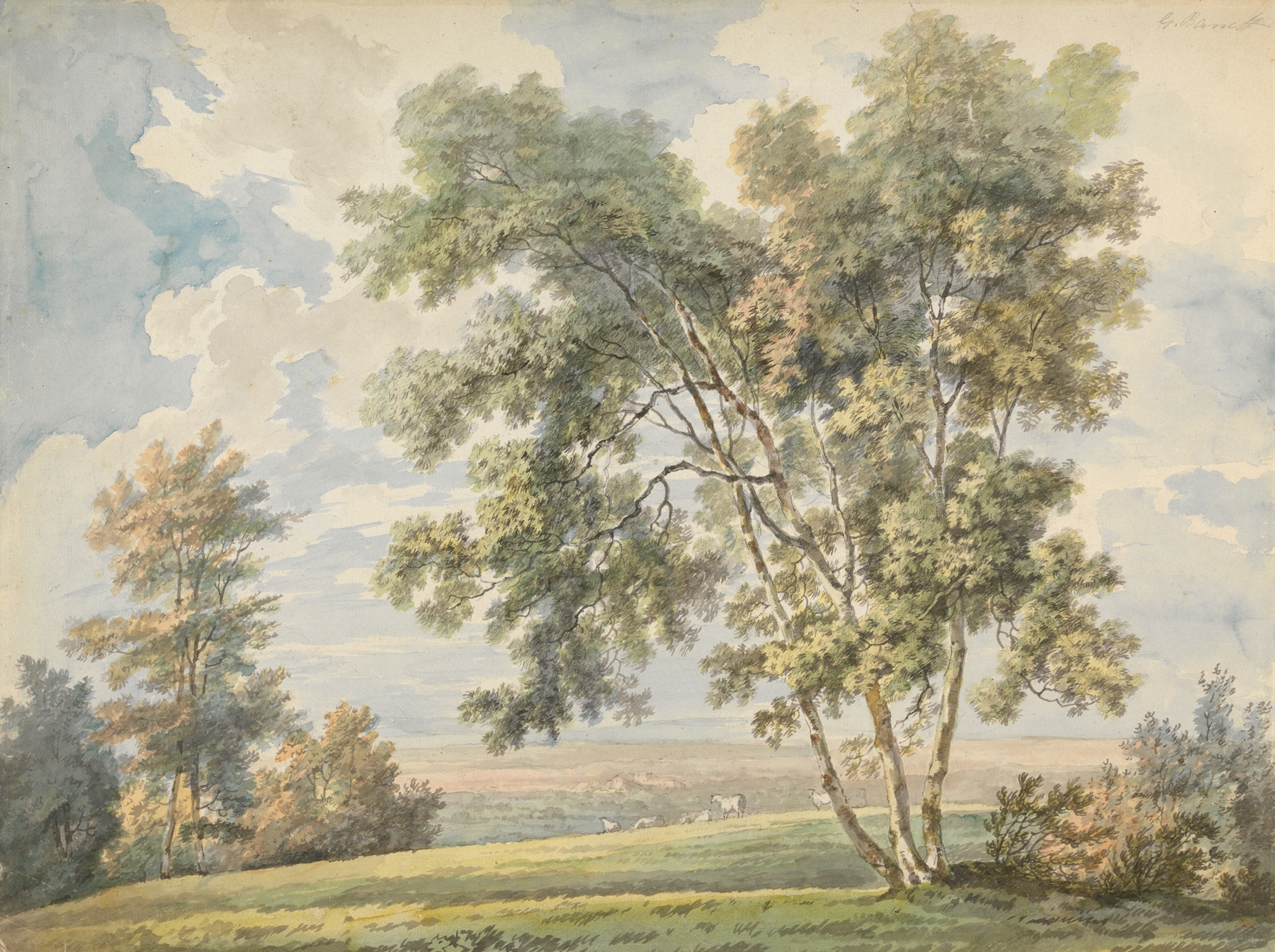 Landscape with Trees and Sheep, oil on canvas by George Barret, featuring trees and sheep in a serene setting.
