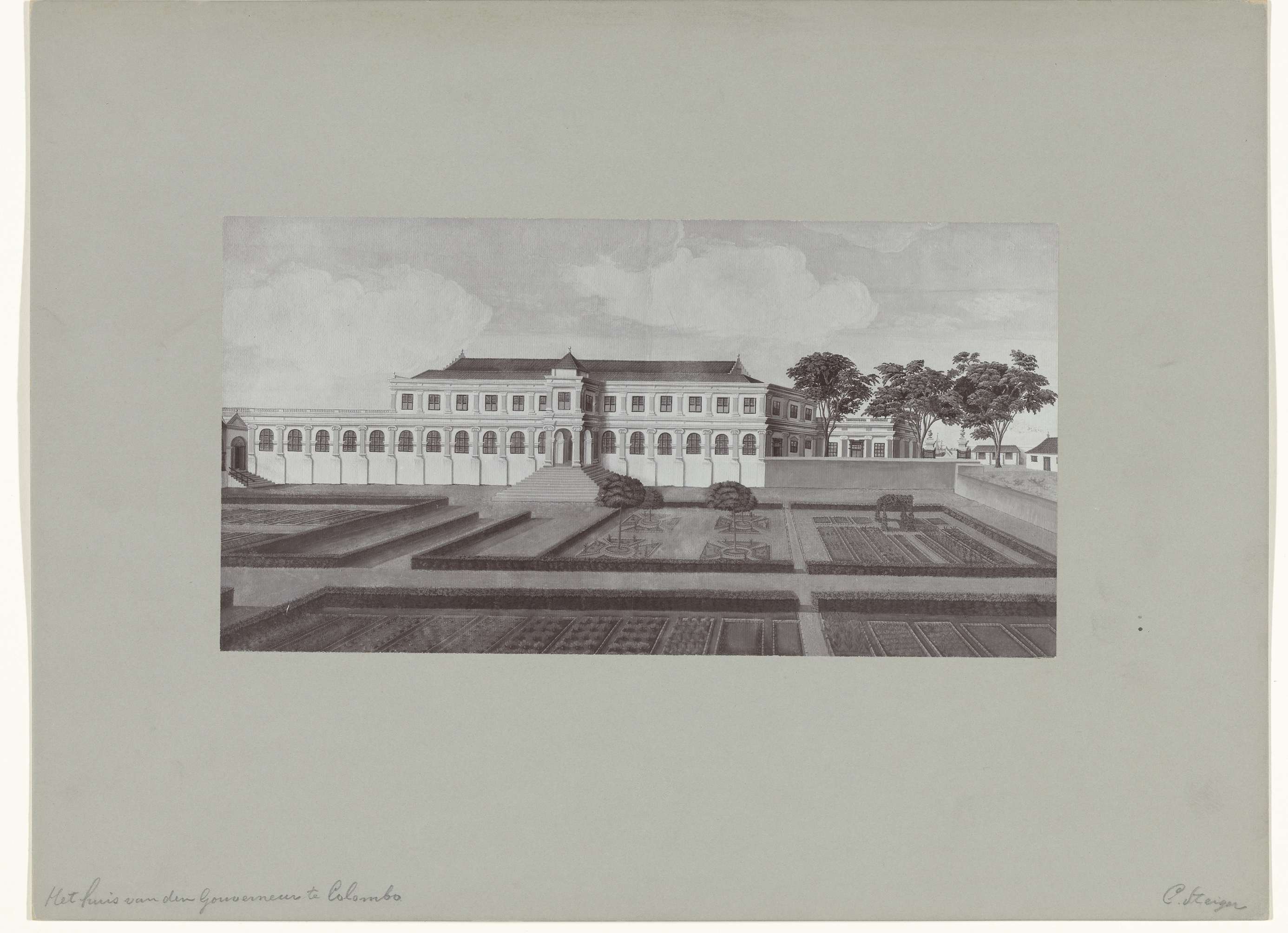 Architecture of a governor's mansion surrounded by lush foliage, paper by Hübner & Van Santen Roeloffzen