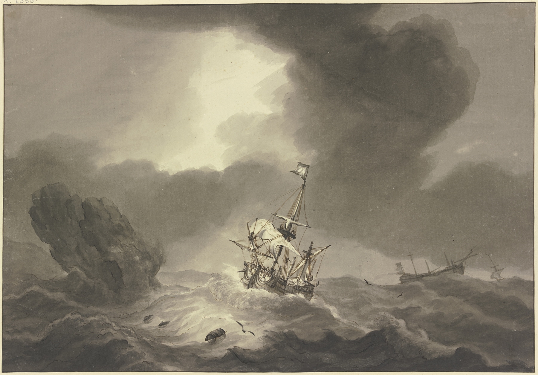 Marine scene with stormy waves and a ship by Hendrik Kobell, oil painting
