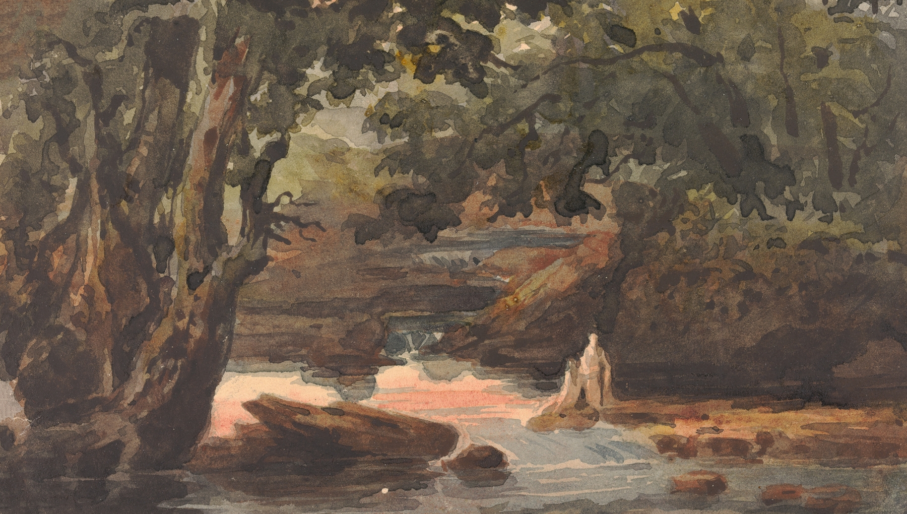 Two Figures in Stream, Bordered by Large Trees, by Thomas Sully, public domain