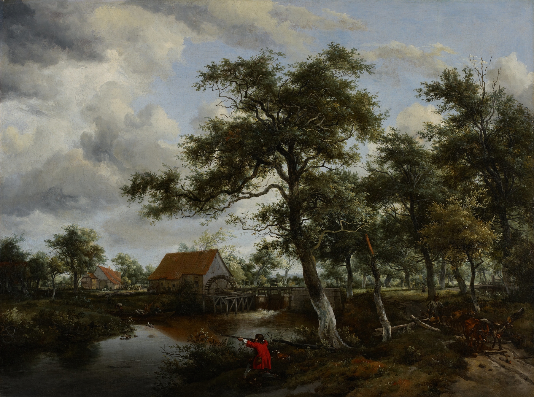 Wooded Landscape with Watermill, by Meindert Hobbema, public domain