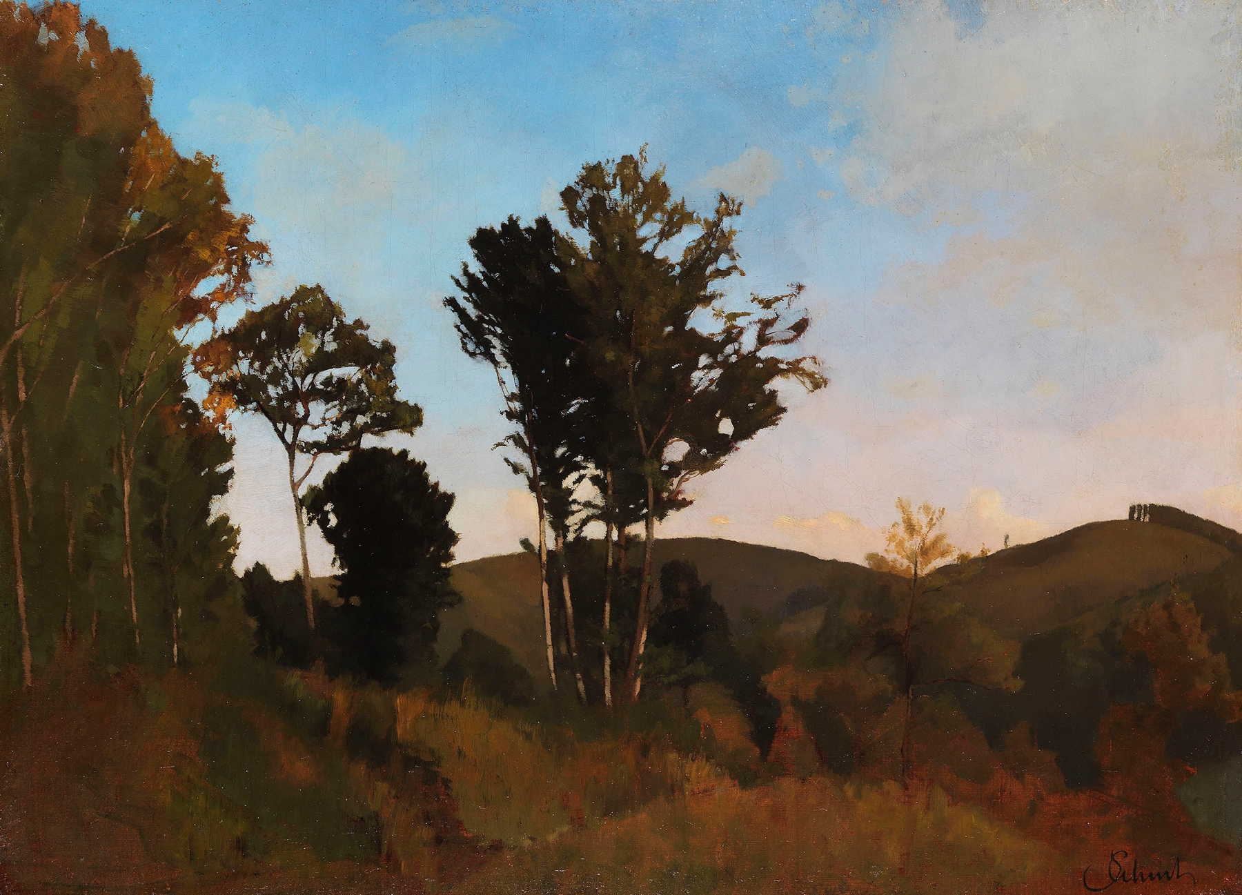 Landscape with light filtering through trees, by Carl Schuch, oil painting